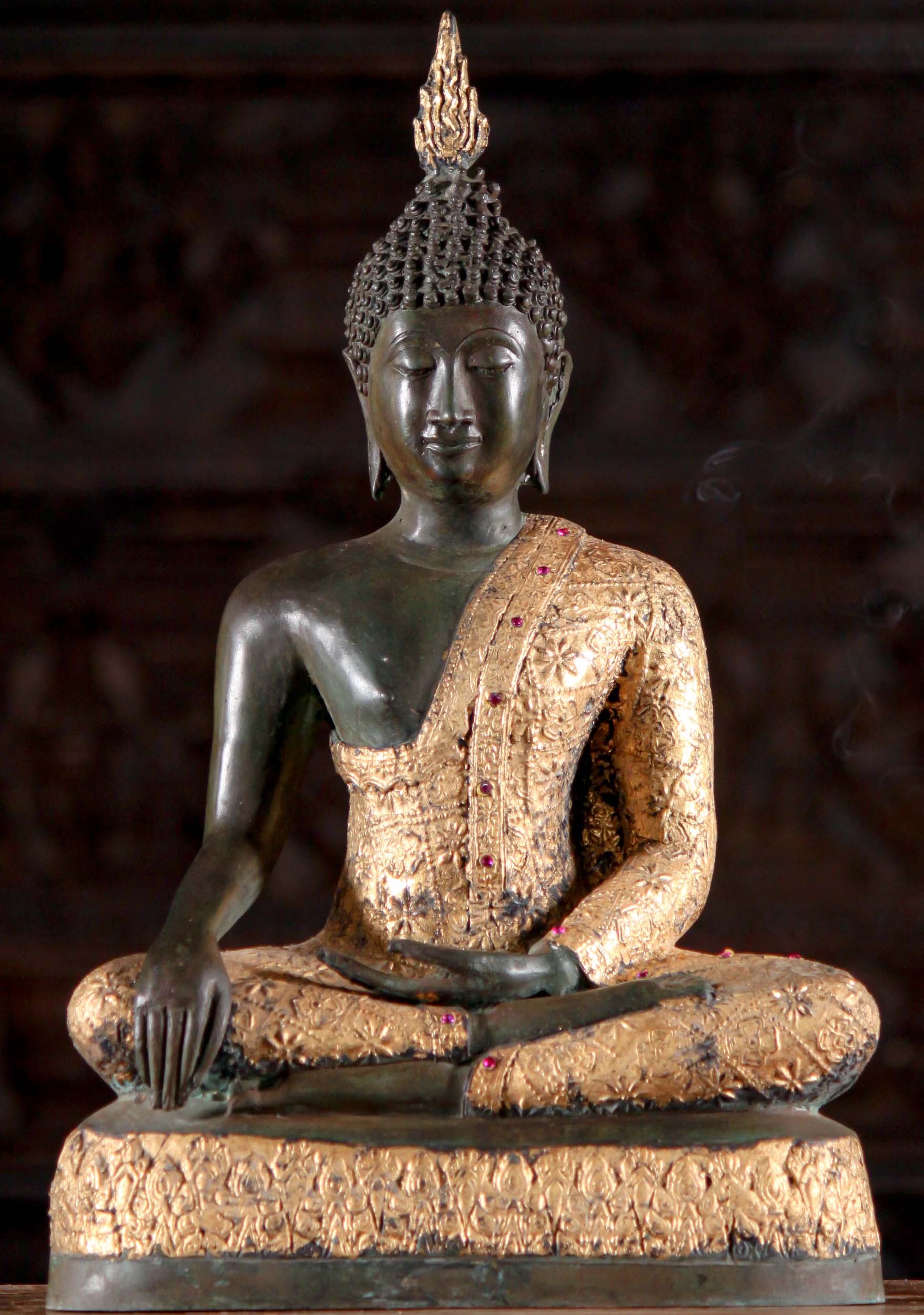 Thai Brass Earth Touching Buddha Seated in Ardha Padmasana with Gold Brocade Robes 20"