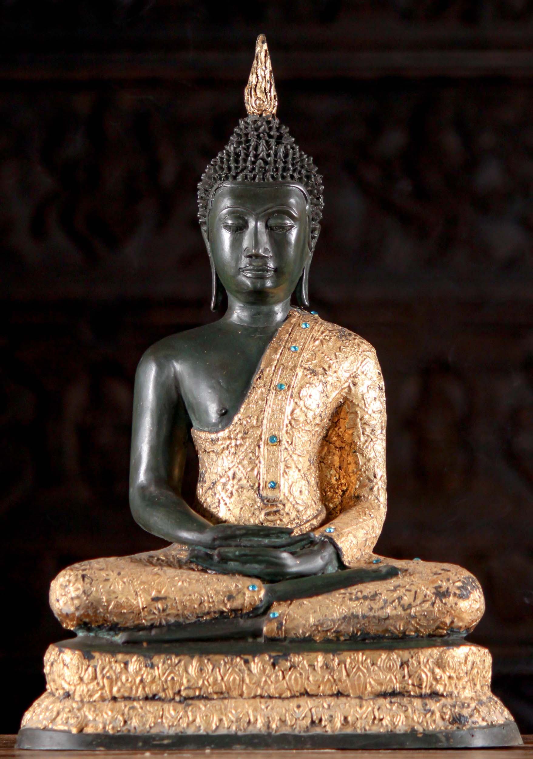 Thai Brass Buddha Seated in Ardha Padmasana with Gold Brocade Robes in Dhyana Meditation 20"