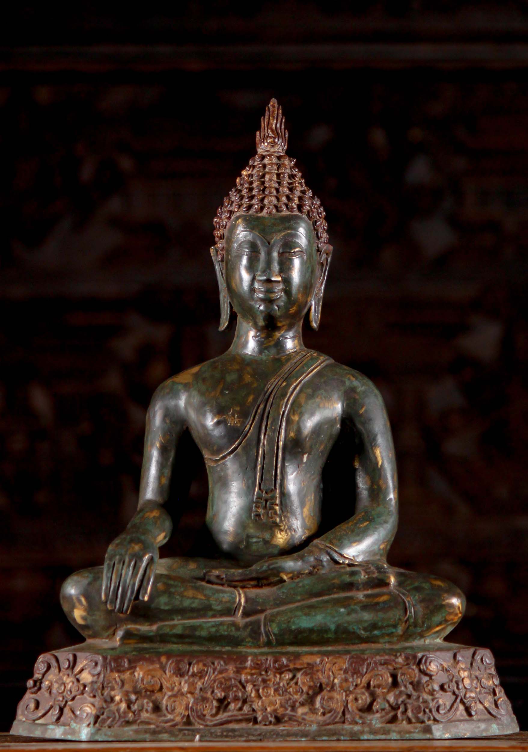 Thai Brass Sukhothai Earth Touching Full Lotus Seated Buddha Statue 18"