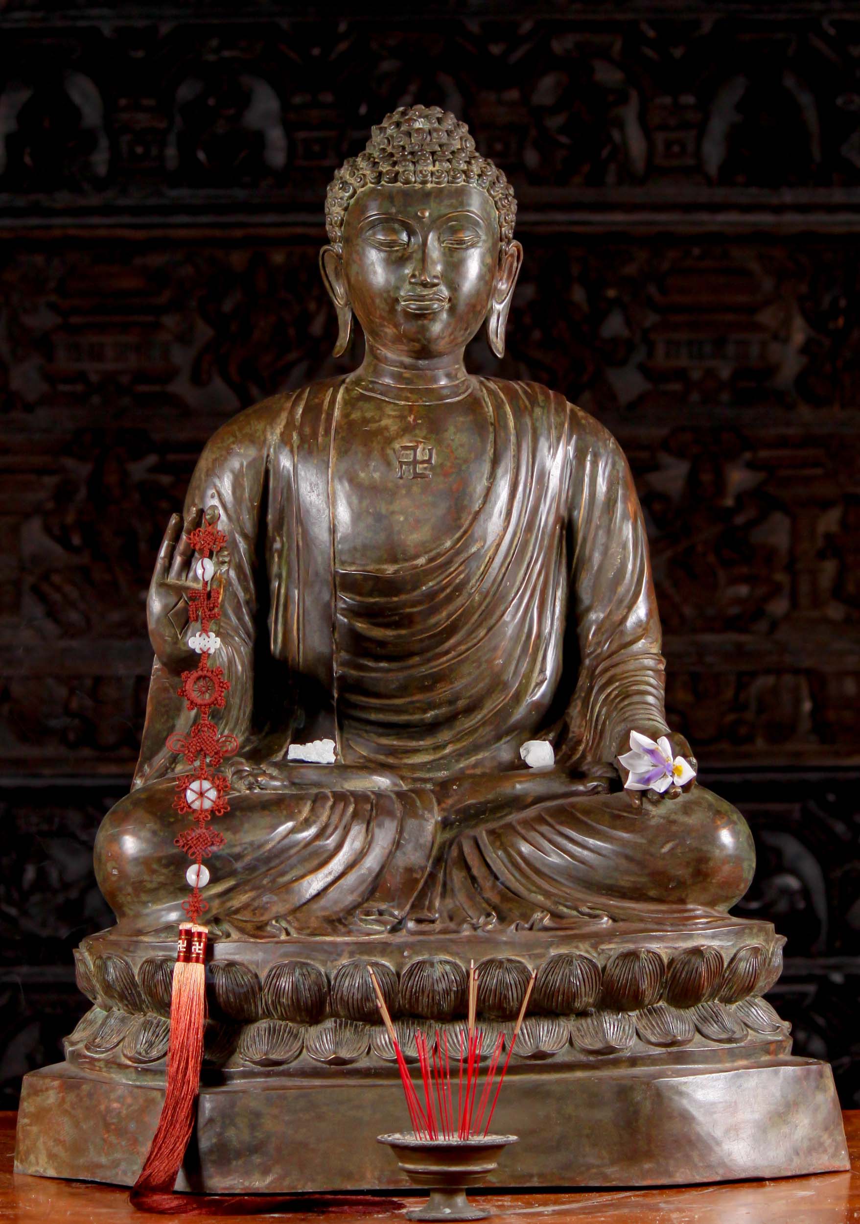 Brass Japanese Buddha Statue In Varada & Vitarka Mudras on Lotus in Padmasana 36"