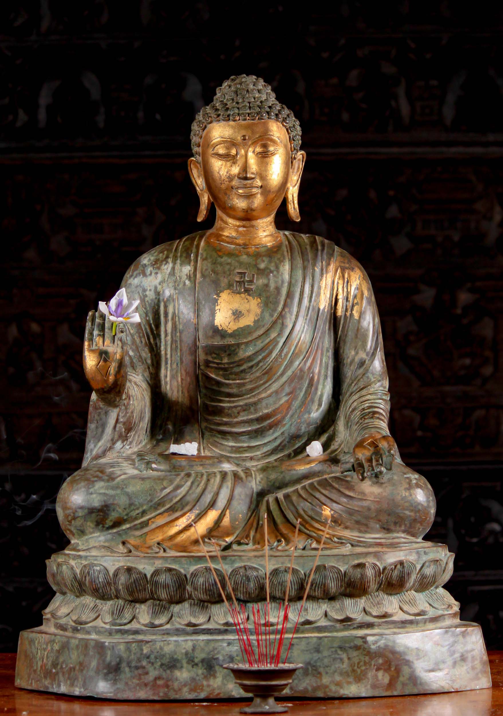 Thai Brass Japanese Buddha Statue In Varada & Vitarka Mudras Seated on Lotus in Padmasana 36"