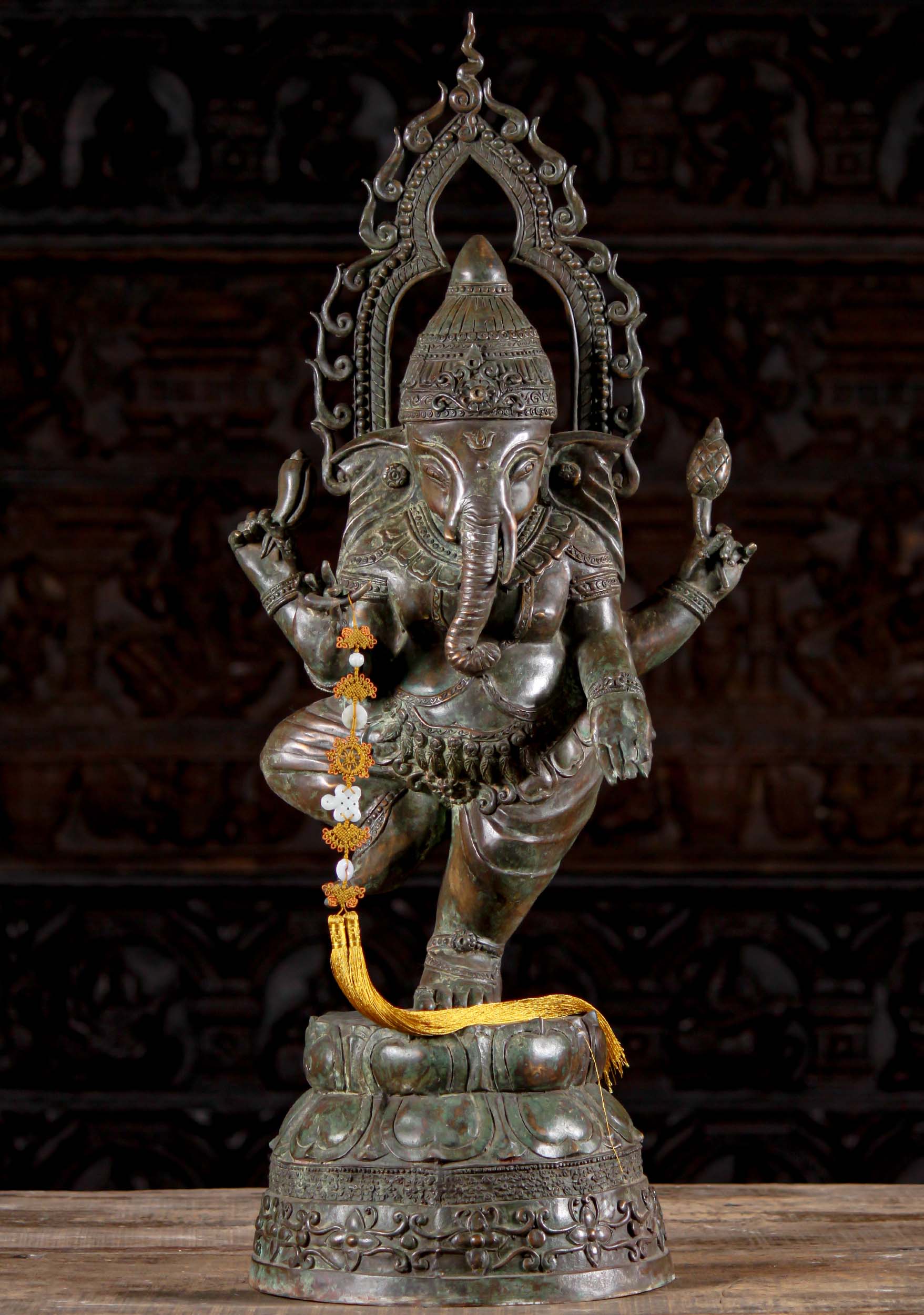 Thai Style Brass Dancing Hindu God Ganesha Statue Dancing with Leg Up on Lotus Base 35"