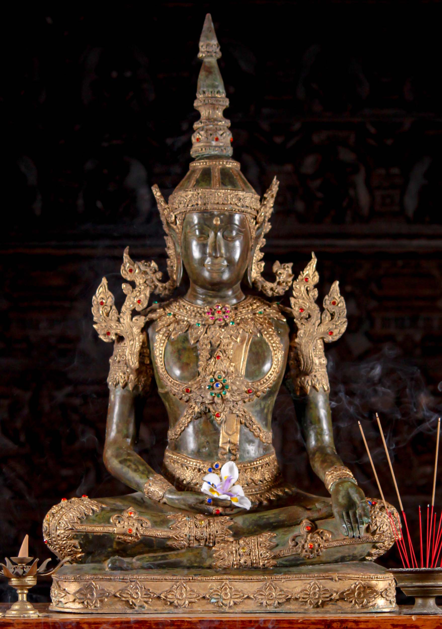 Varada Mudra Antique Green Patina Thai Brass Seated Royal Buddha Sculpture with Gold Leaf 34"