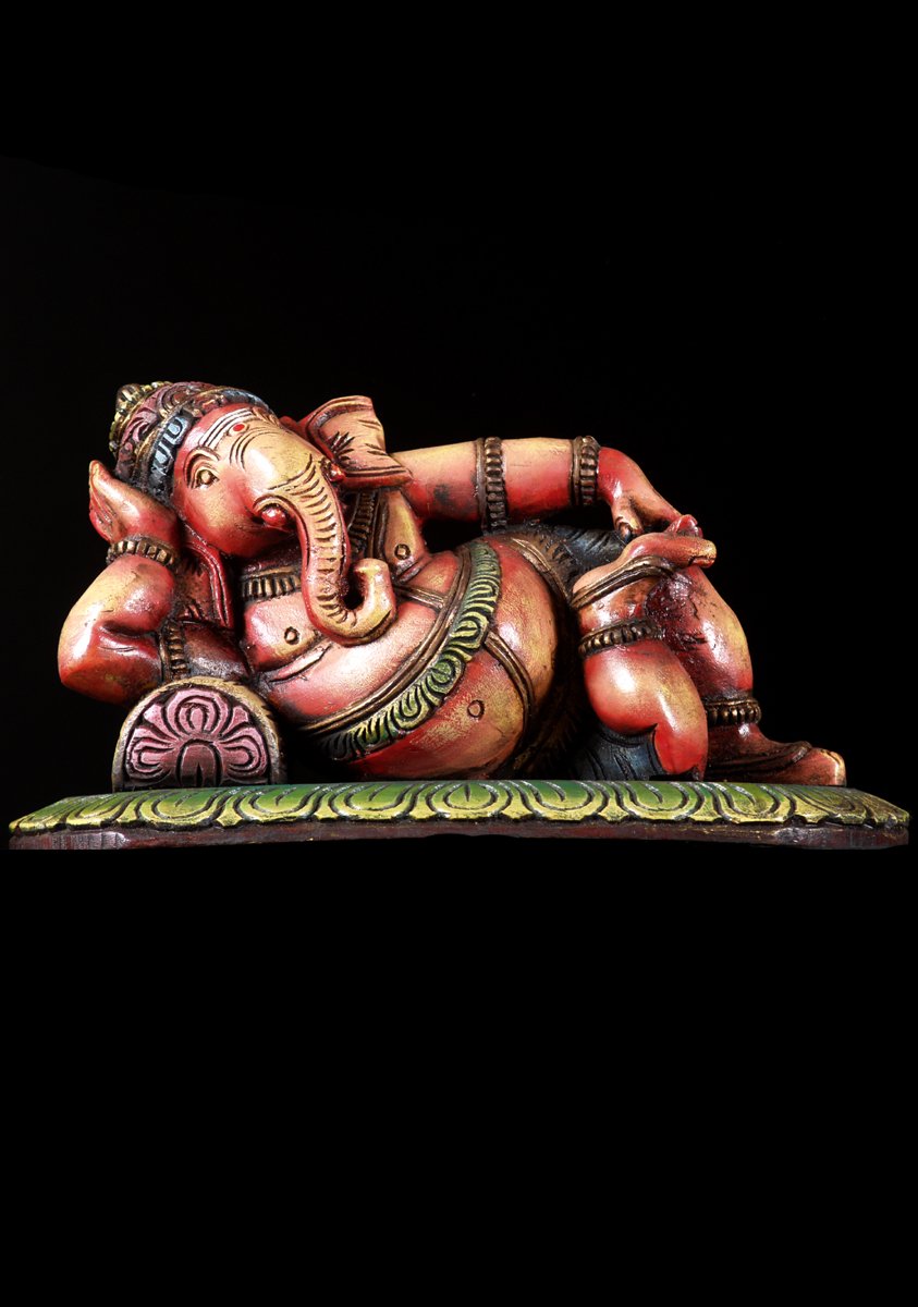 Small Wood Sleeping Ganesh Statue 14"