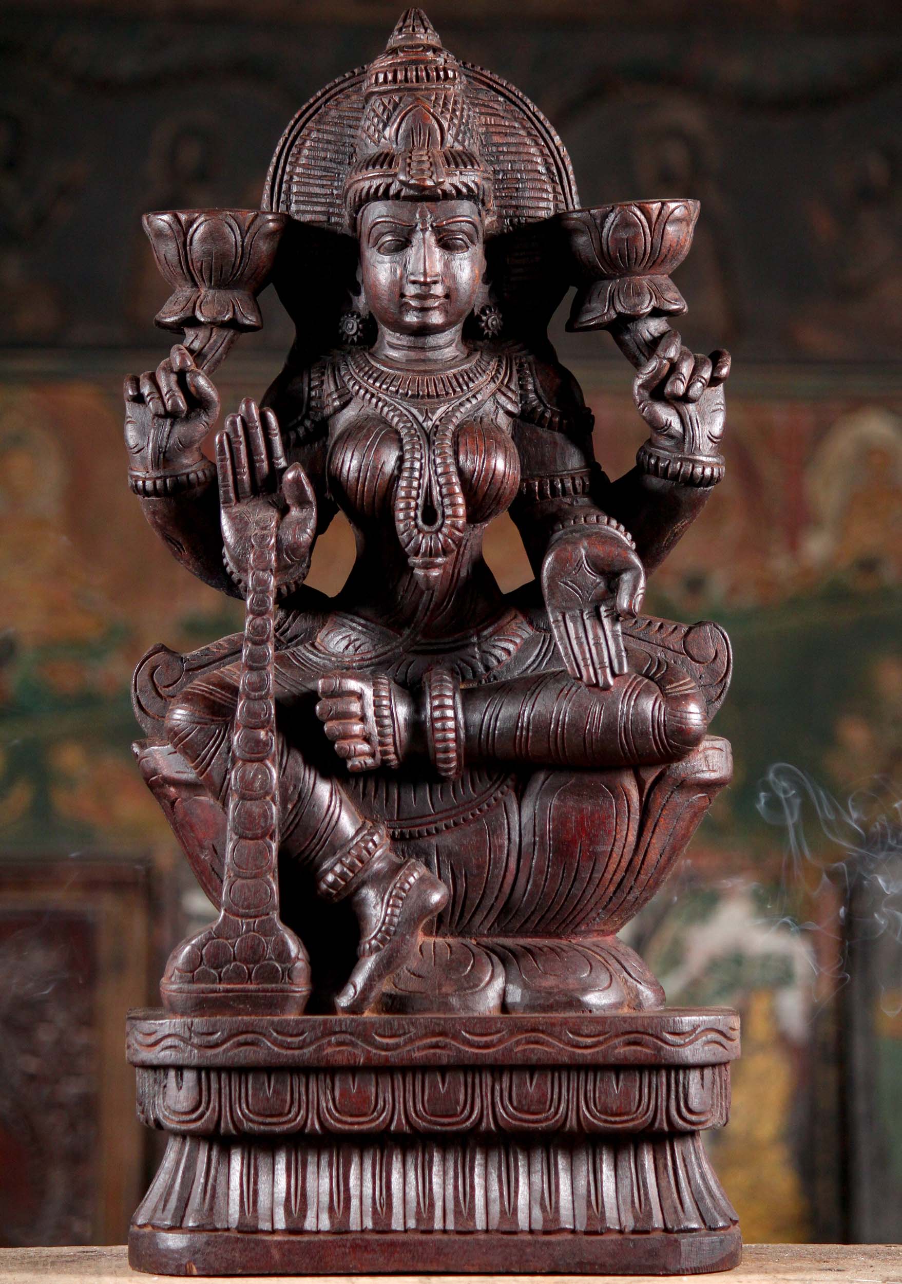 Wood Seated Lakshmi Sculpture Holding Two Lotus Flowers Granting Boons with Coins 24"