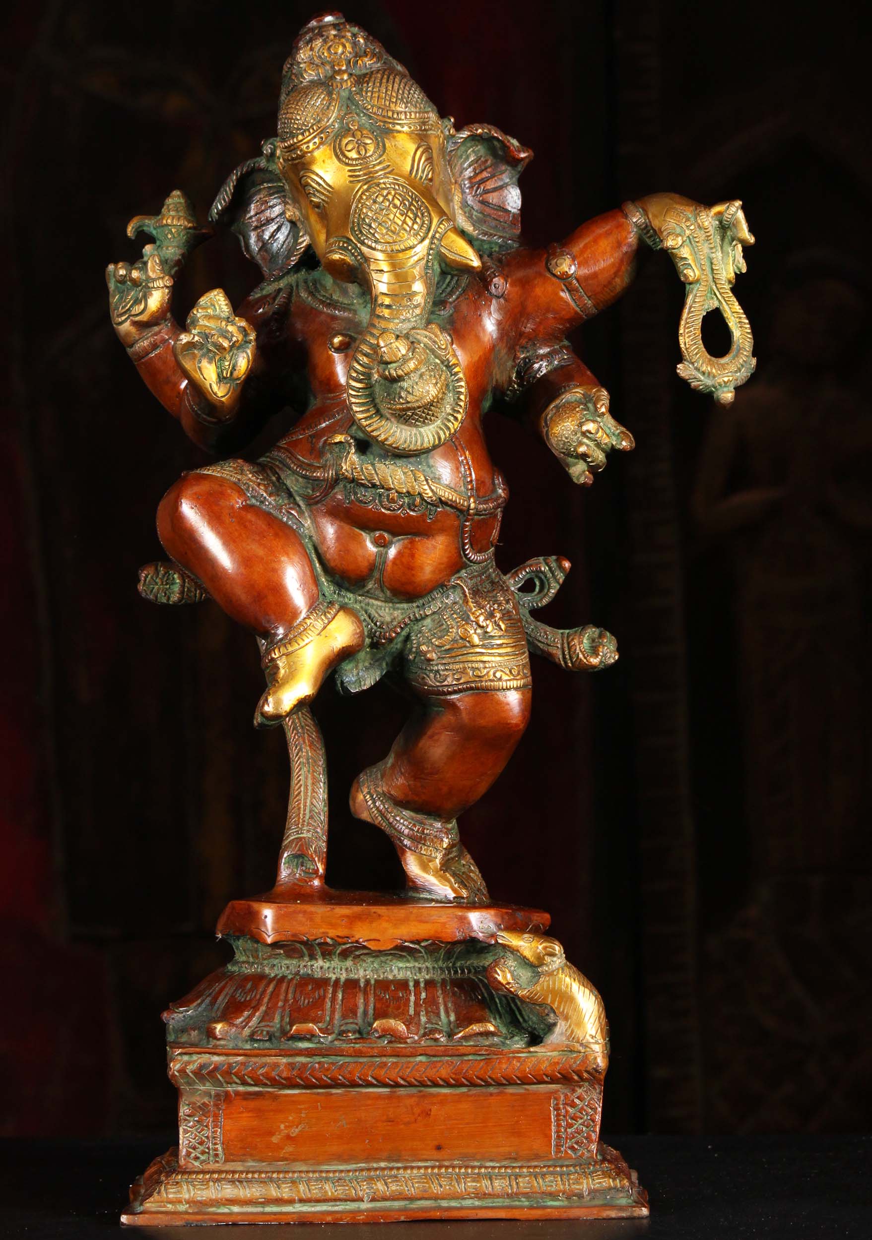 Brass Ganesha Statue Dancing with 1 Leg Raised Holding Water Vessel in Trunk with Mooshika 18"