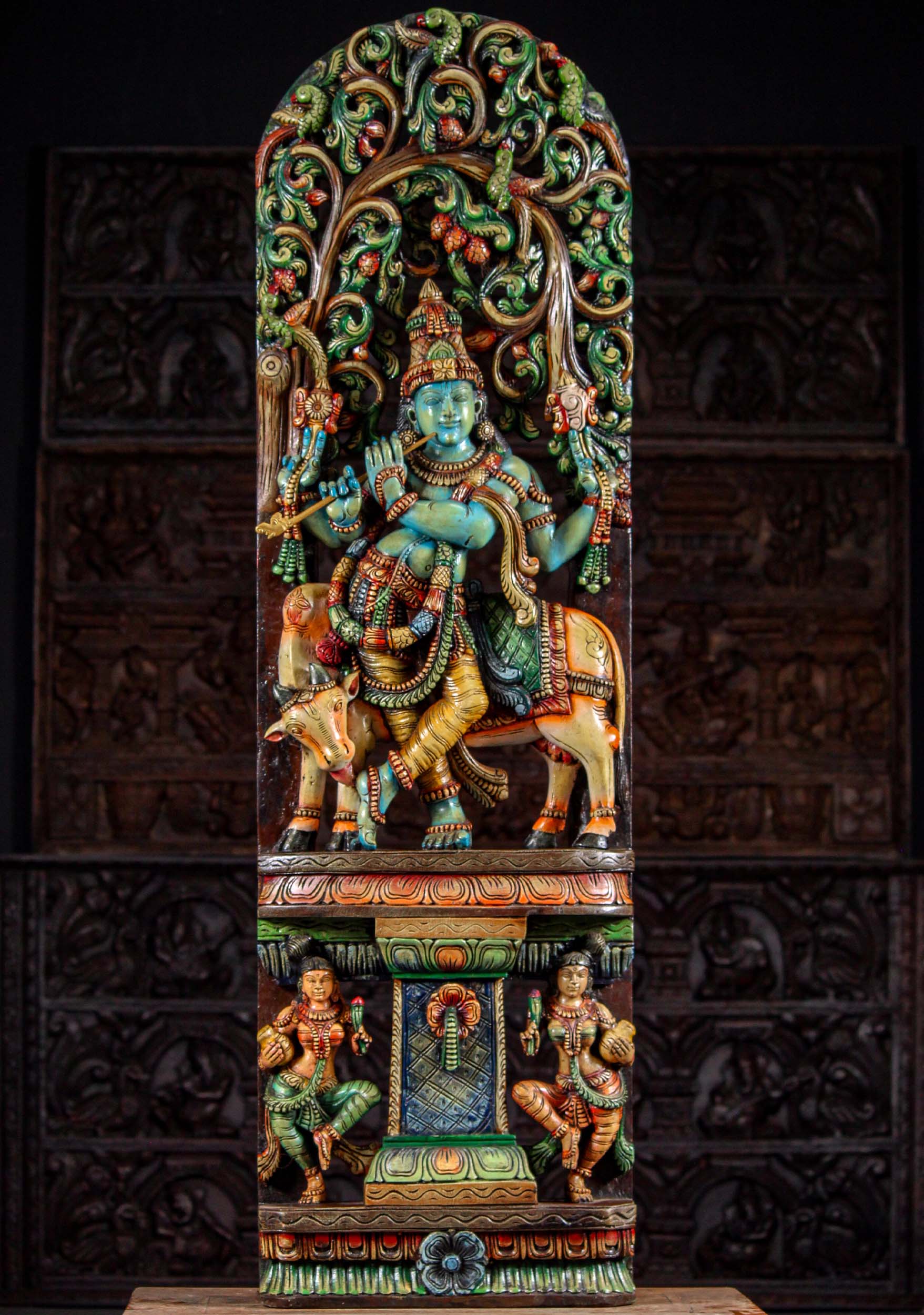 Tall Wooden Gopal Krishna Panel Hand Carved Hindu Sculpture with Playful Cow and Two Gopis 60"