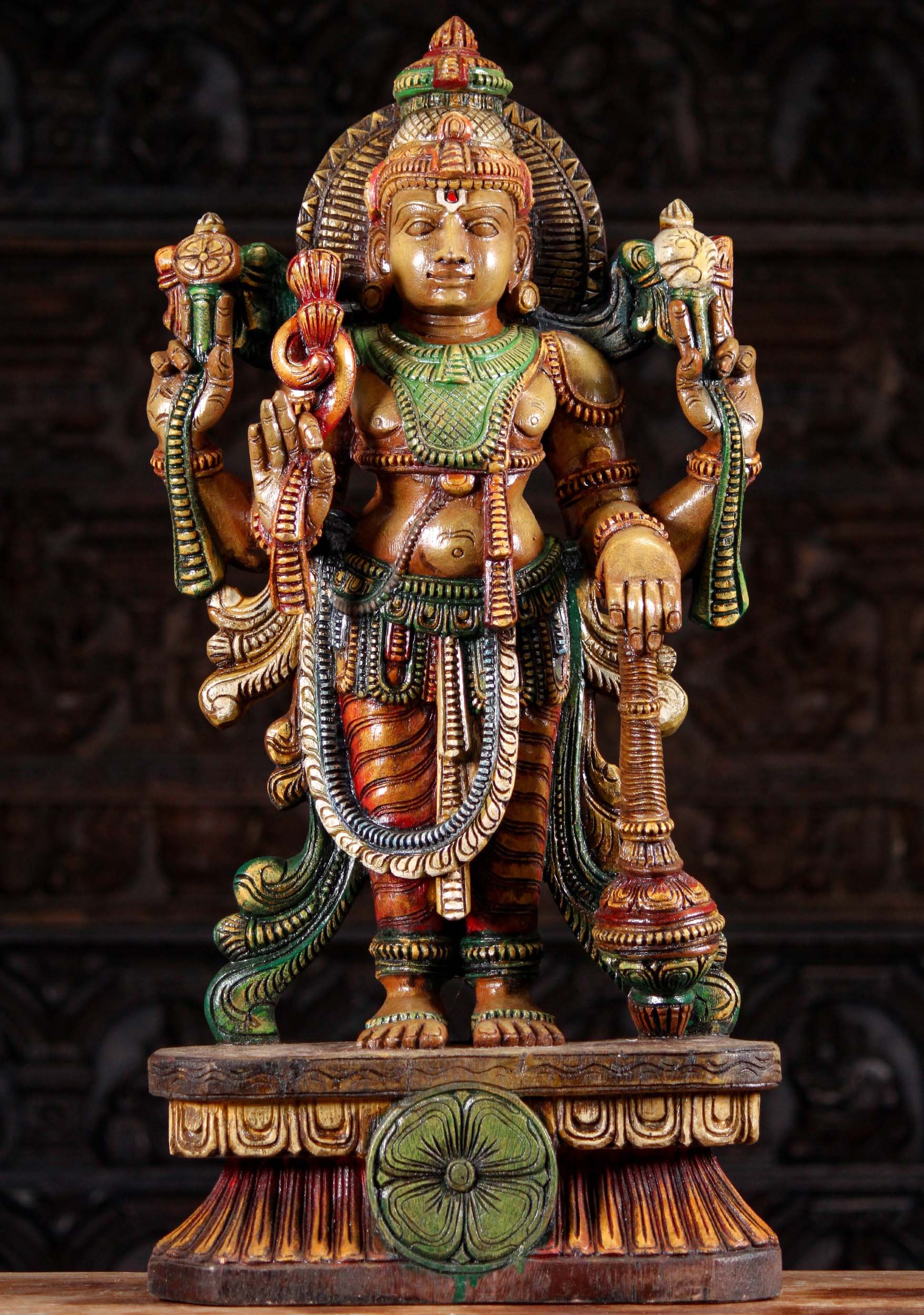 Standing Wood Painted Vishnu Sculpture in Abhaya Mudra With Large Club 30"