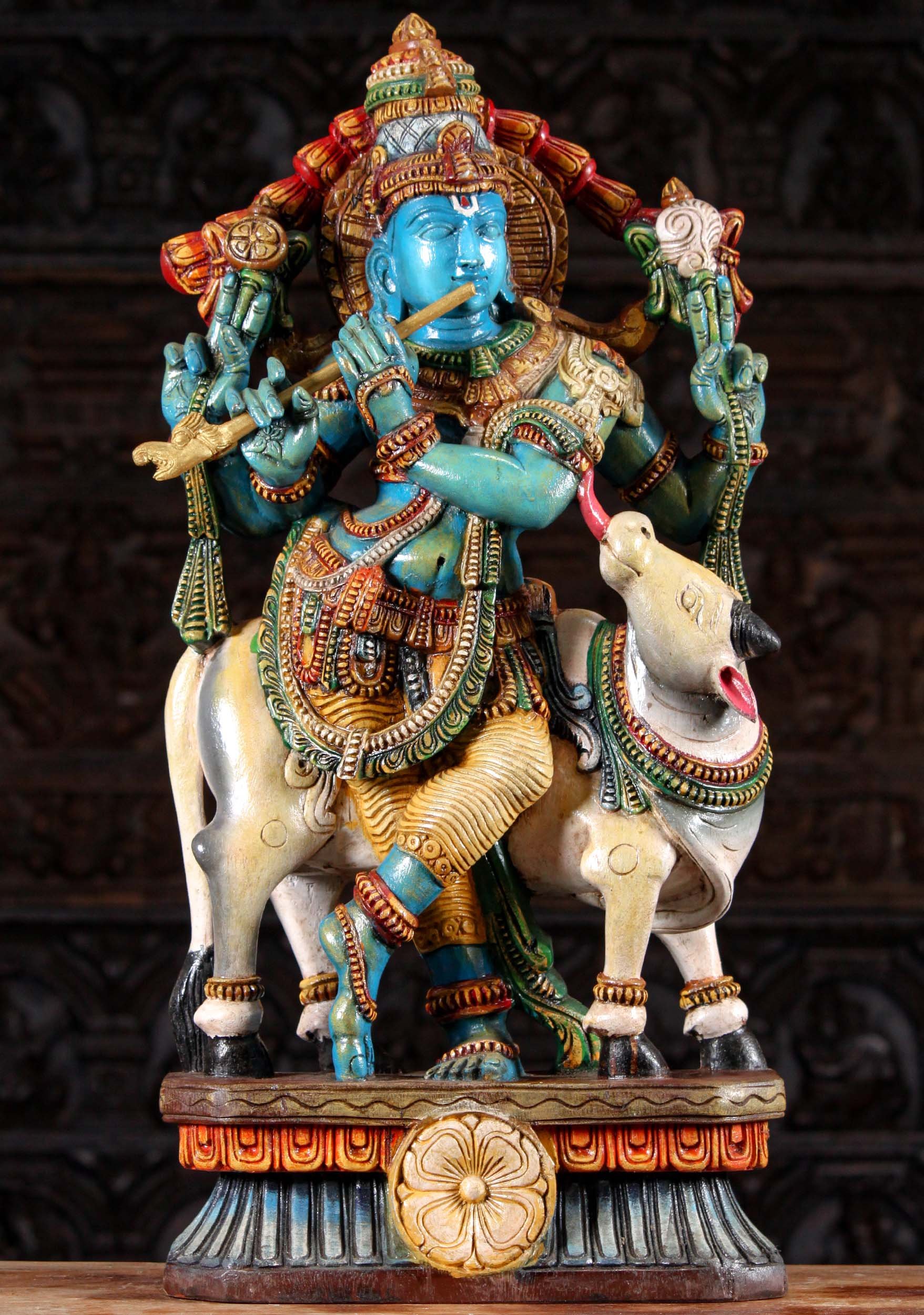 Wooden Gopal Krishna Sculpture Standing with Gentle Cow Playing the Flute 30"