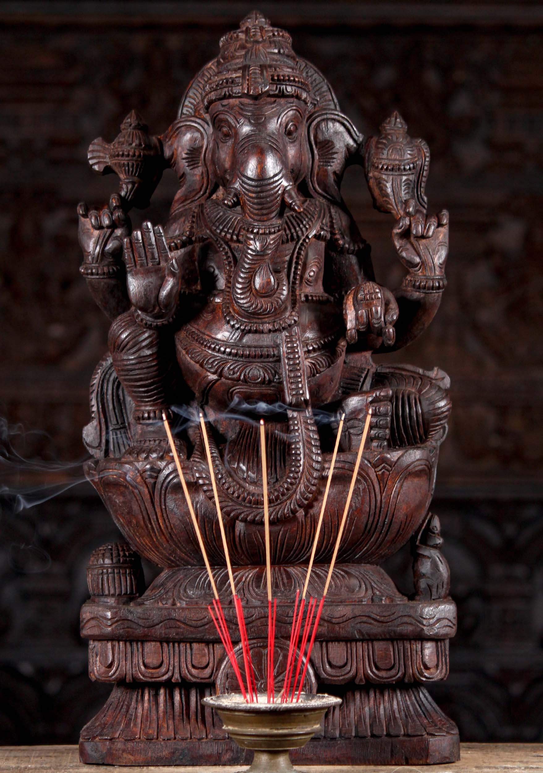 Wooden Ganesha Remover of Obstacle in Abhaya Mudra of Protection Hindu Murti 24"