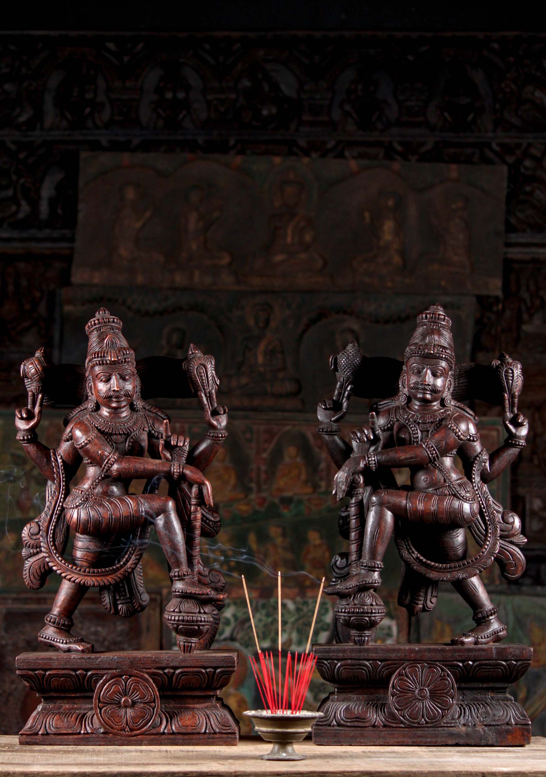 Pair of Hand Carved Wooded Temple Guardian Dvarapala Sculptures with Ax, Noose, and Club 24"