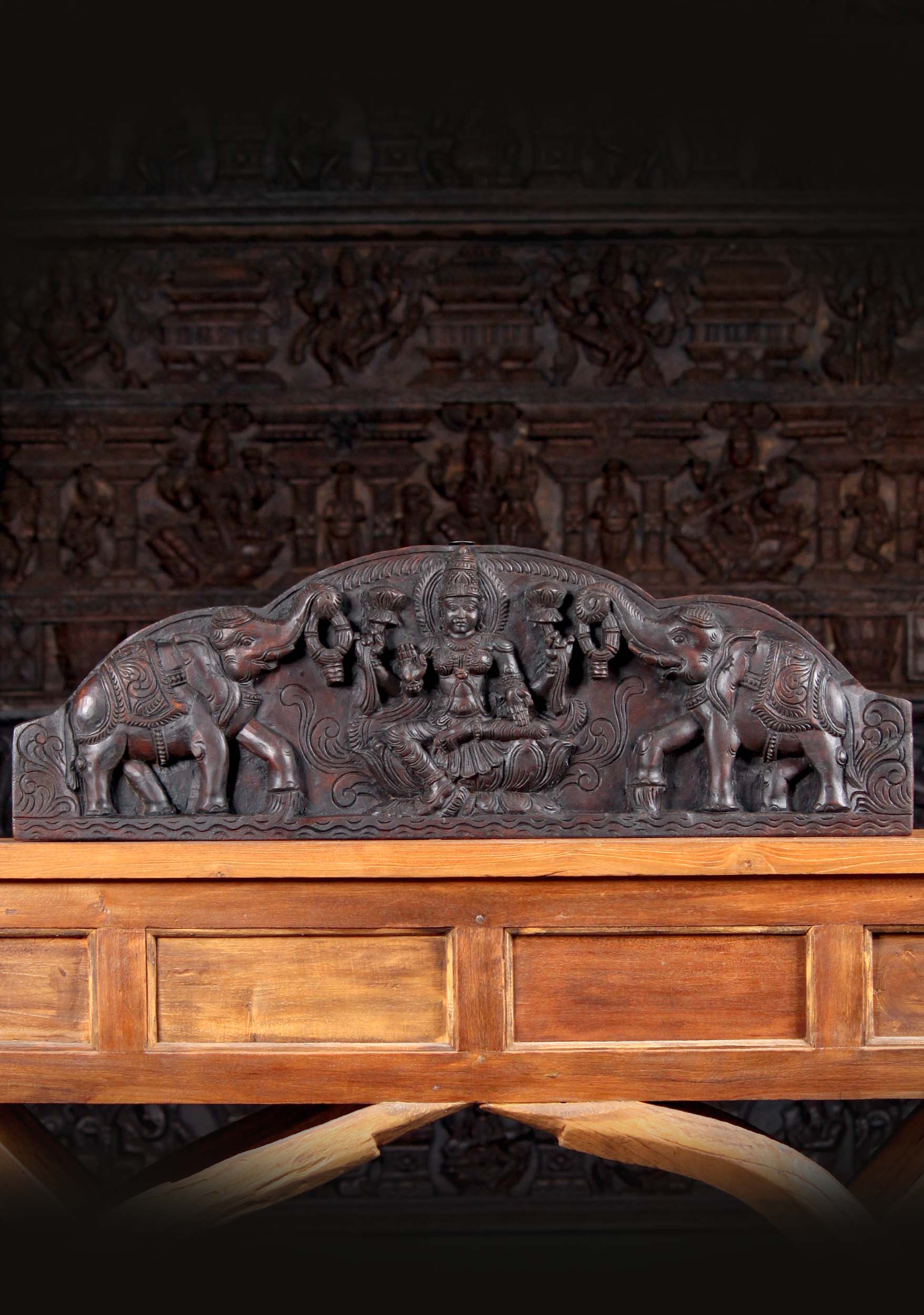 Hindu Wooden Wall Panel of the Goddess Lakshmi with 2 Elephants known as Gaja Lakshmi 36"