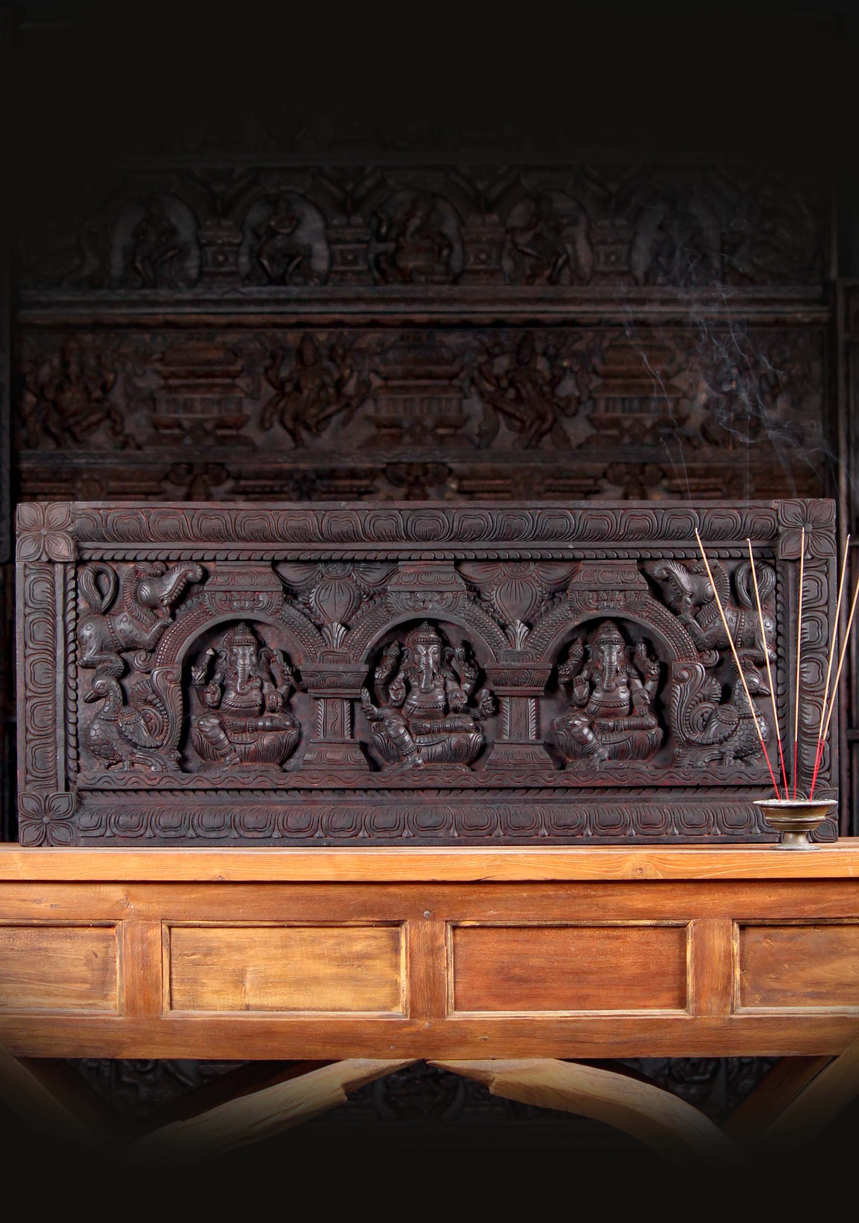 Neem Wood Hand Carved Horizontal Panel of Three Forms of Ganesha with Yalis and Peacocks Statue 42"