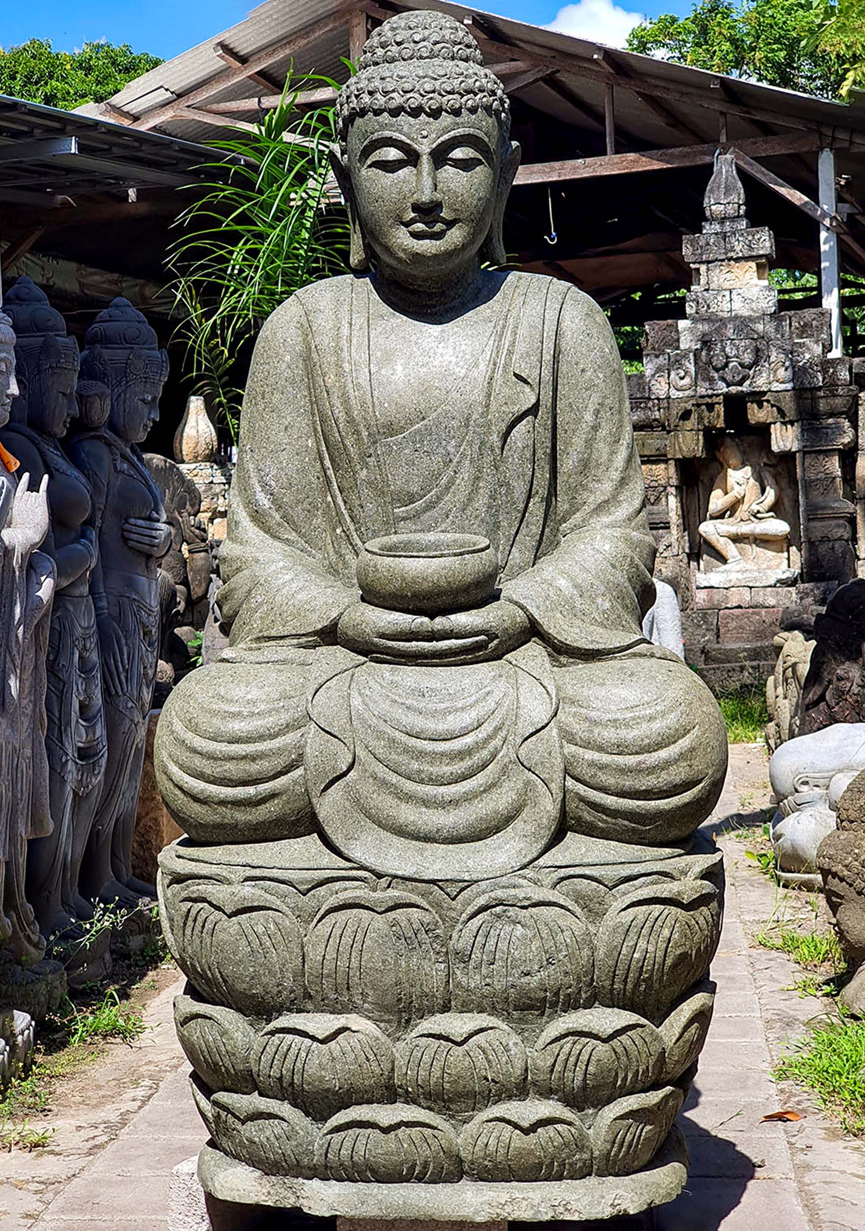 SOLD Stone Garden Buddha Sculpture Holding Alms Bowl in Dyhana Mudra ...