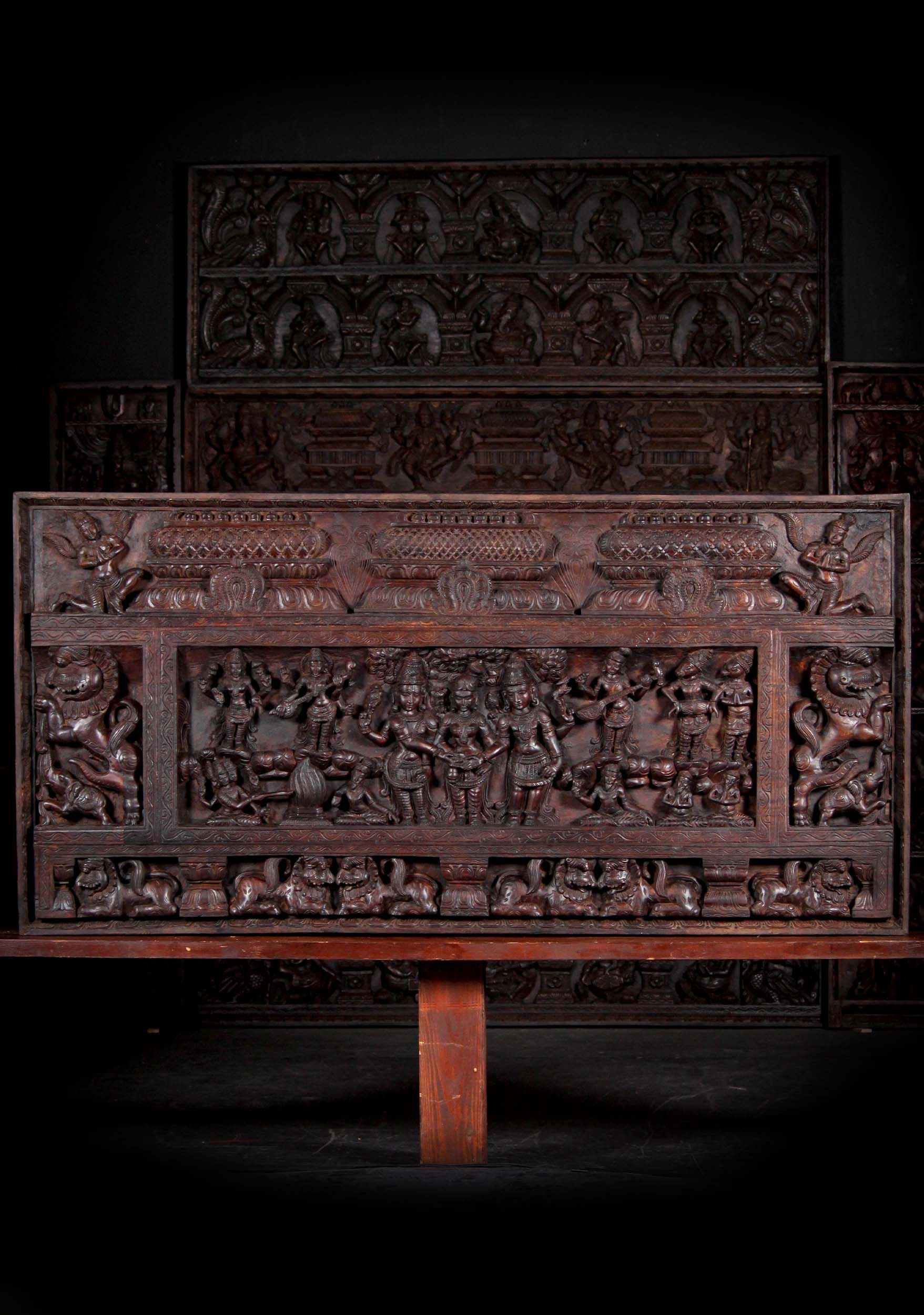 Wood Meenakshi Kalyanam Wall Panel Depicting the Marriage of Parvati to Lord Shiva 73"x36"