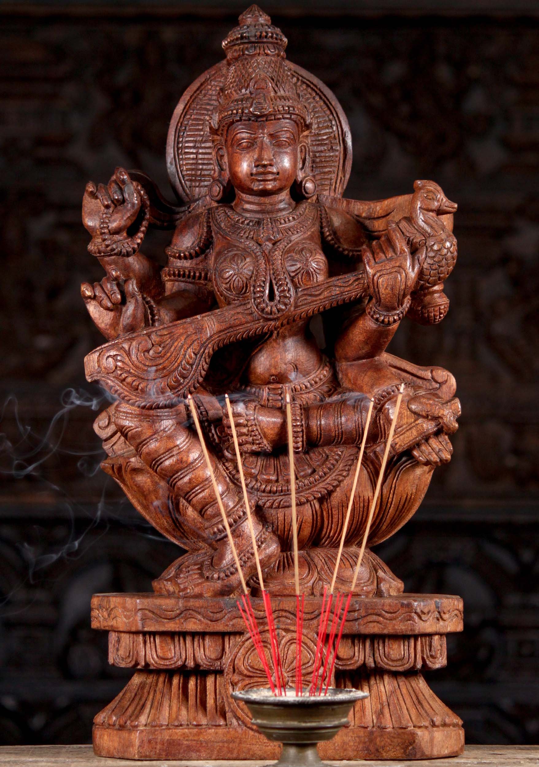 Hand Carved Neem Wood Hindu Goddess of Wisdom Saraswati with Veena Instrument 24"