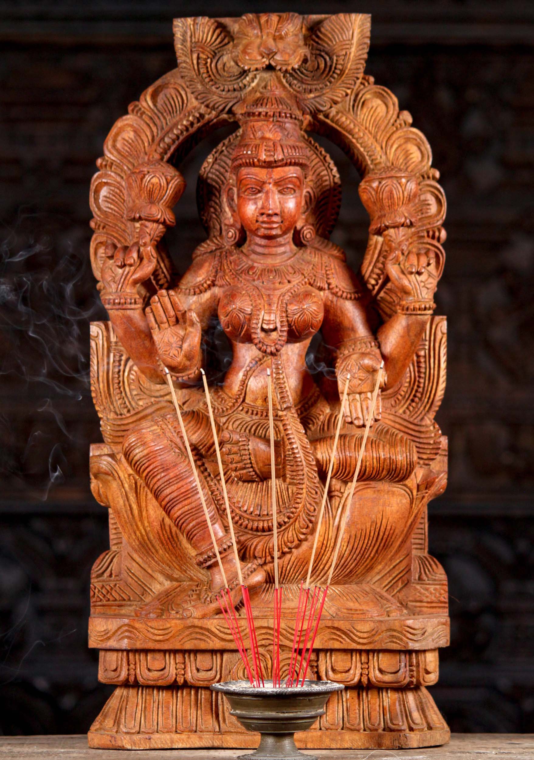 Hand Carved Wooden Hindu Goddess of Wealth Lakshmi Sculpture with Mahakala Arch 24"