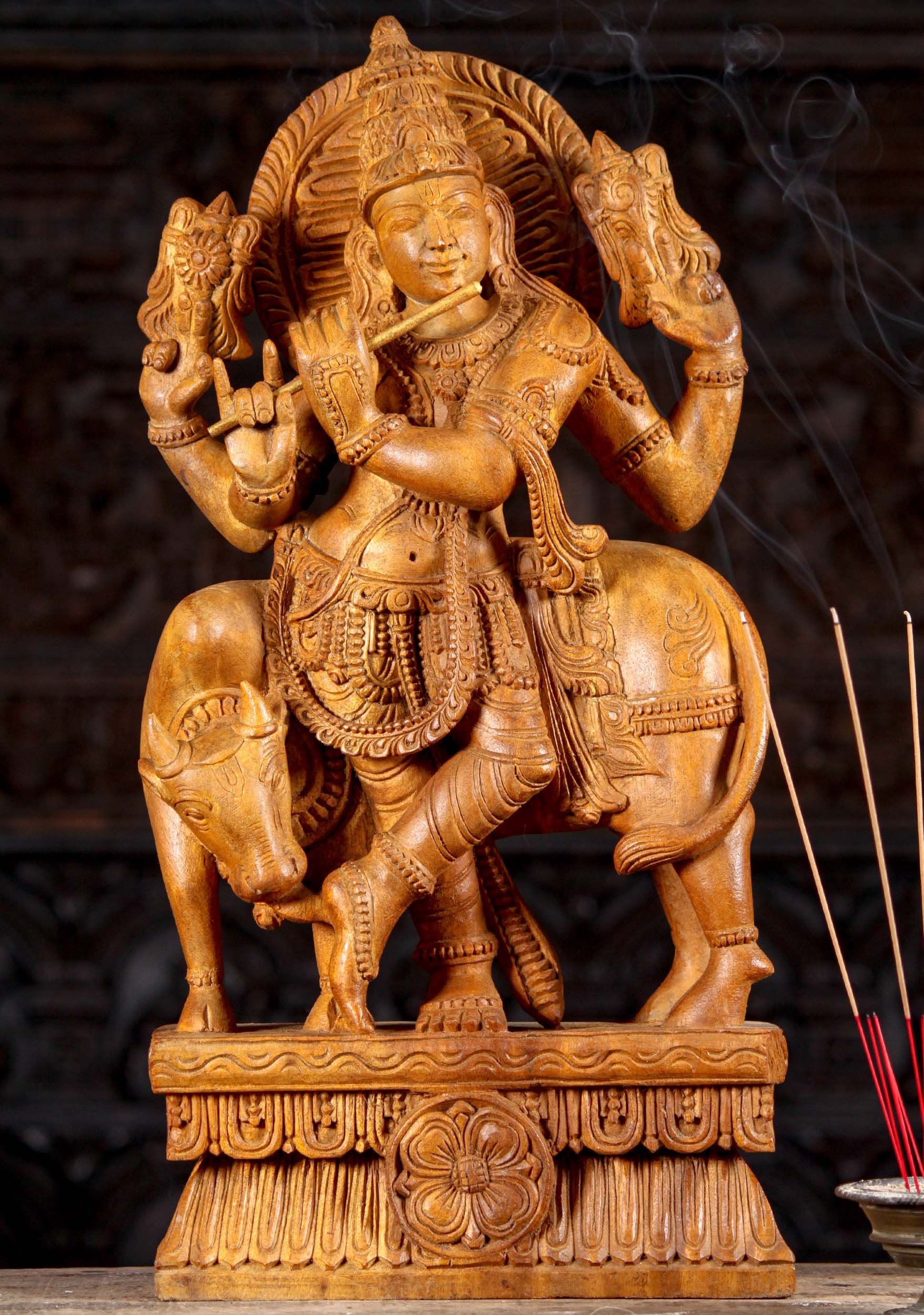 Wooden Hindu God Gopal Krishna Standing with a Cow Playing the Flute 24"