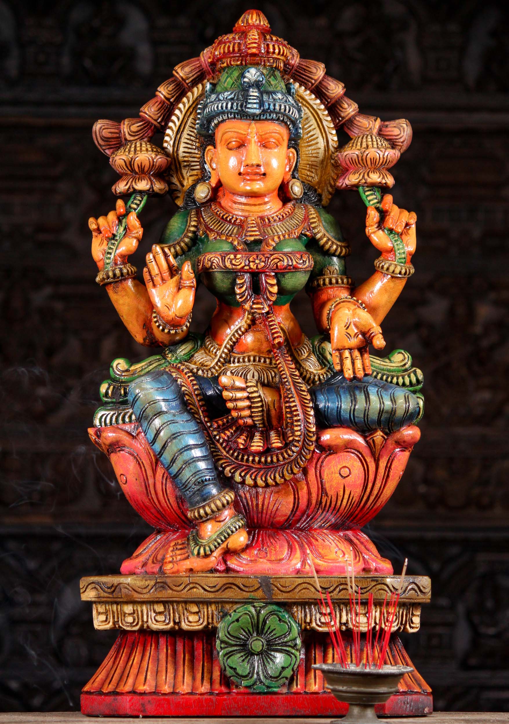 Carved Wood Painted Abhaya Mudra Seated Lakshmi Statue Wearing Garland & Bindi 30"