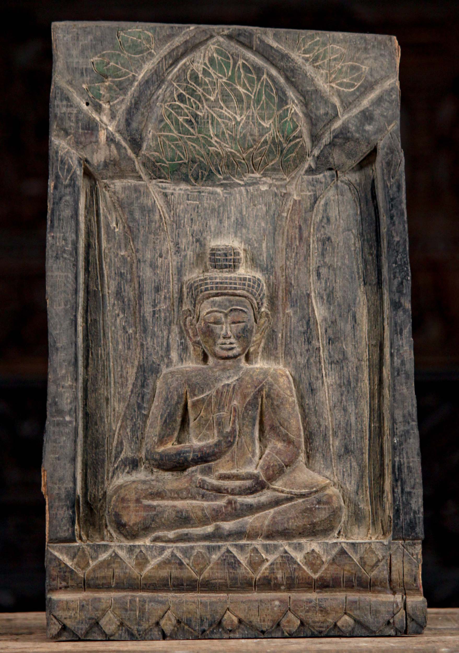 Distressed Wooden Wall Panel Seated Lord Buddha in Abhaya Mudra of Protection 17.5"