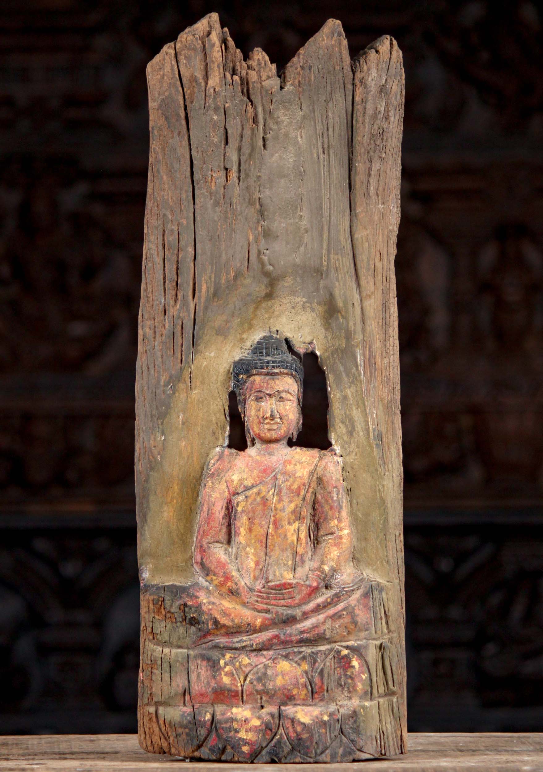 Distressed Wood Painted Panel of Seated Lord Buddha in Dhyana Mudra of Meditation 22"