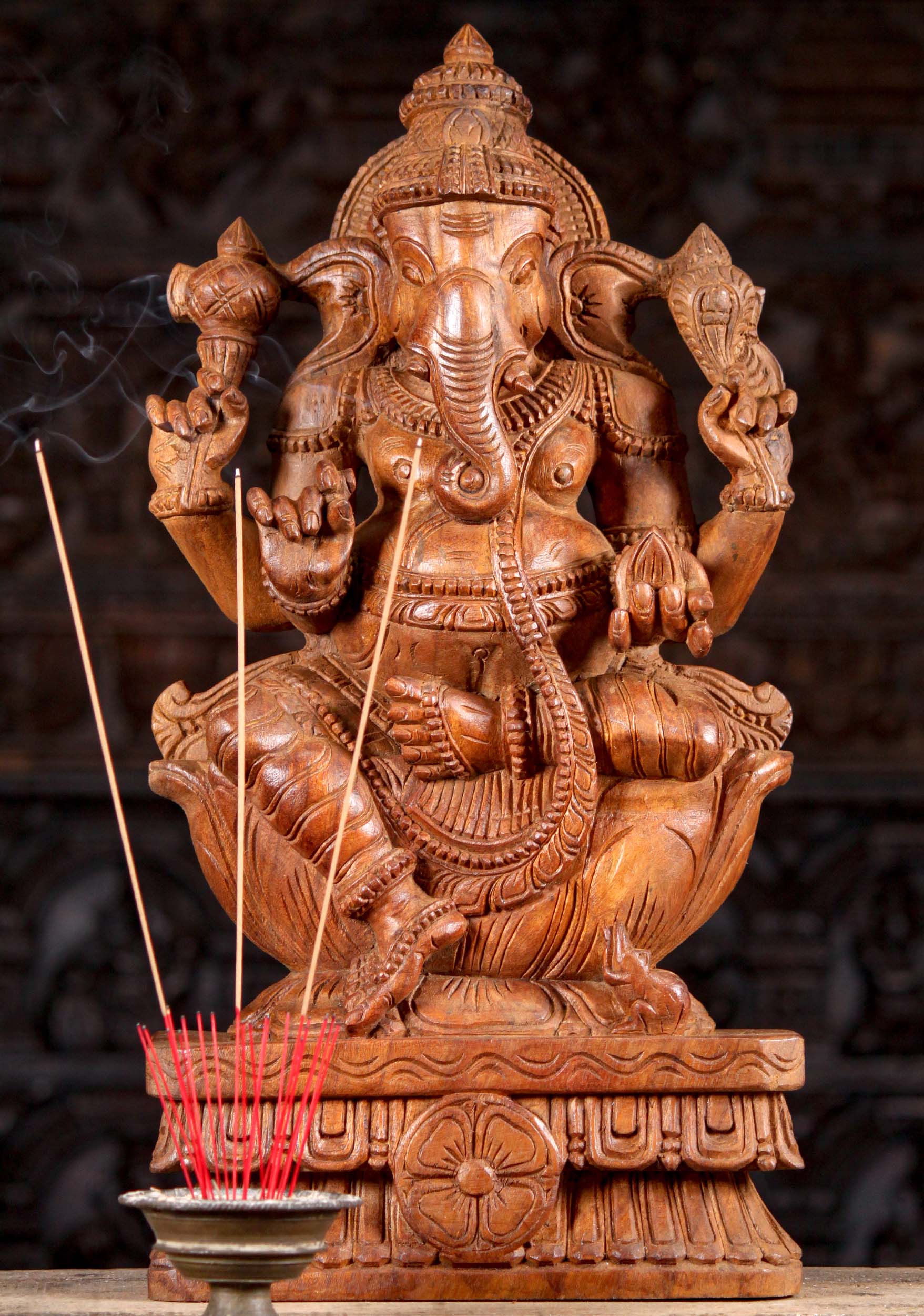 Wooden Seated Hand Carved Ganesha Sculpture with Rat Holding Broken Tusk 24"