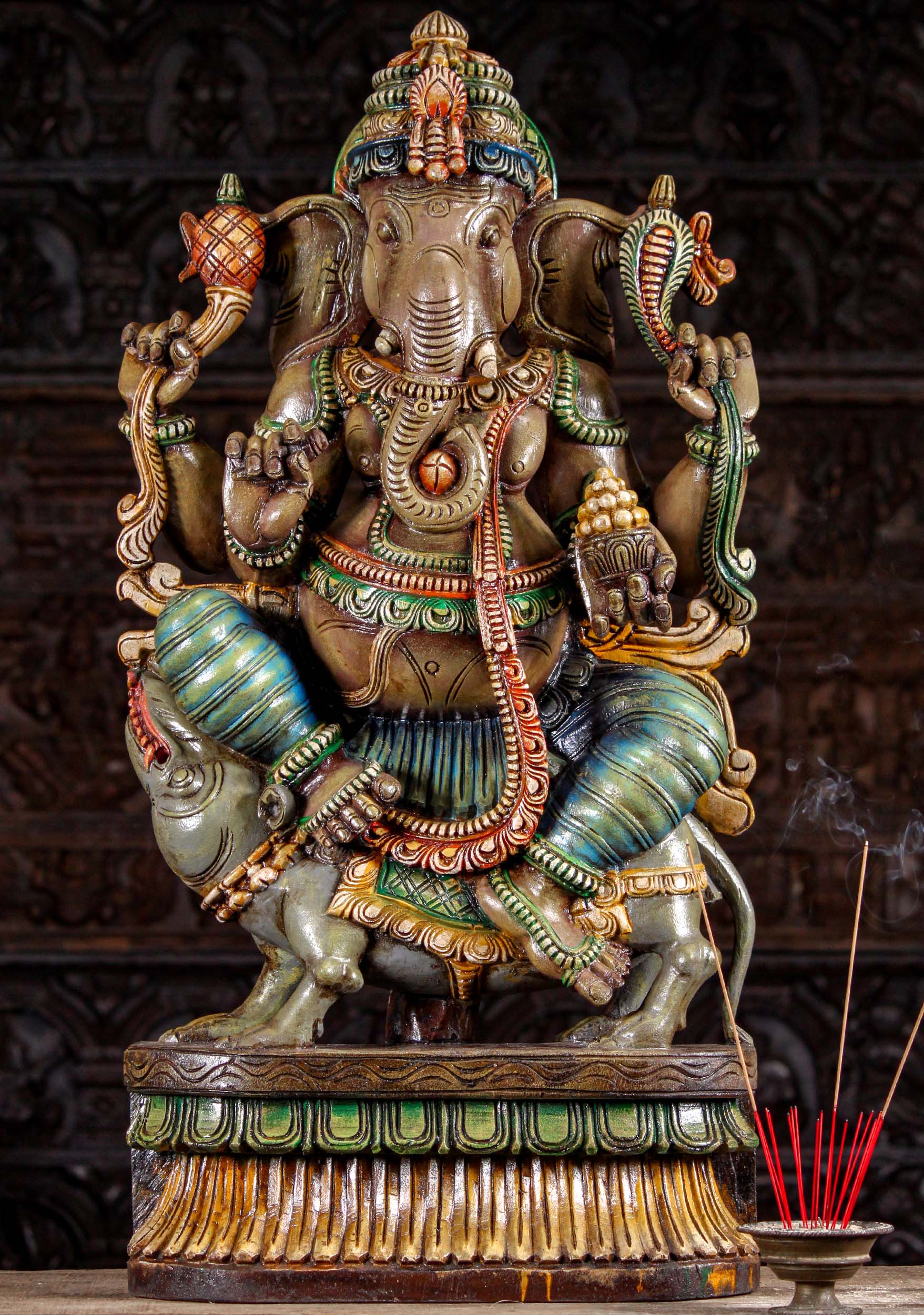 Hand Painted Wooden Ganesha Statue Seated on Large Rat with Bowl of Sweets 36"