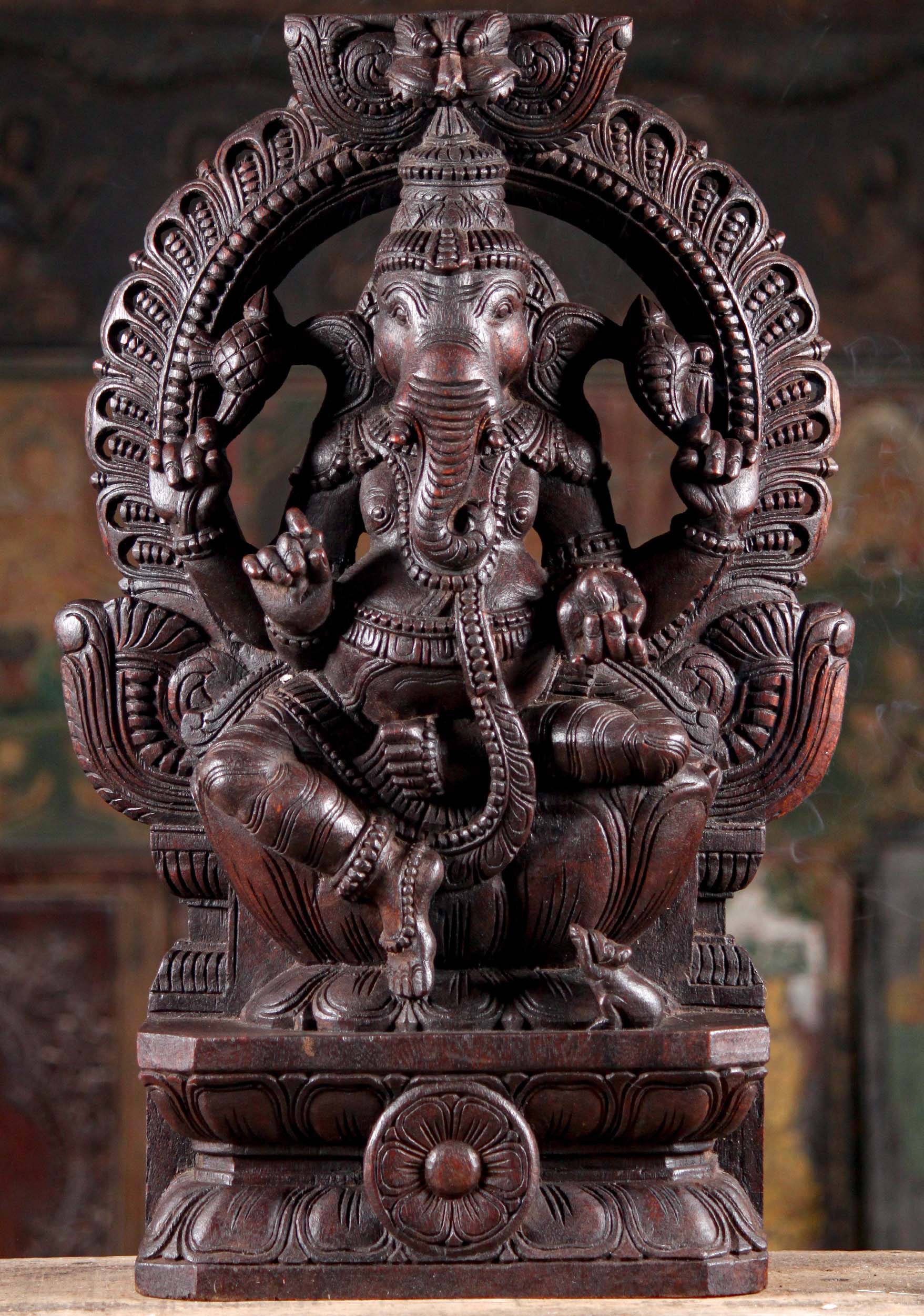 Wood Ganesha Seated Under Mahakala Arch Hand Carved Neem Wood Statue 24"