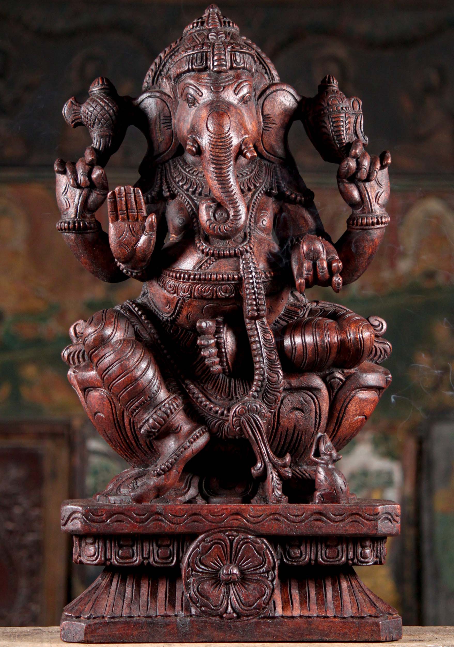 Neem Wood Seated Hindu God Ganesha on Lotus Base in Abhaya Mudra of Protection Sculpture 24"