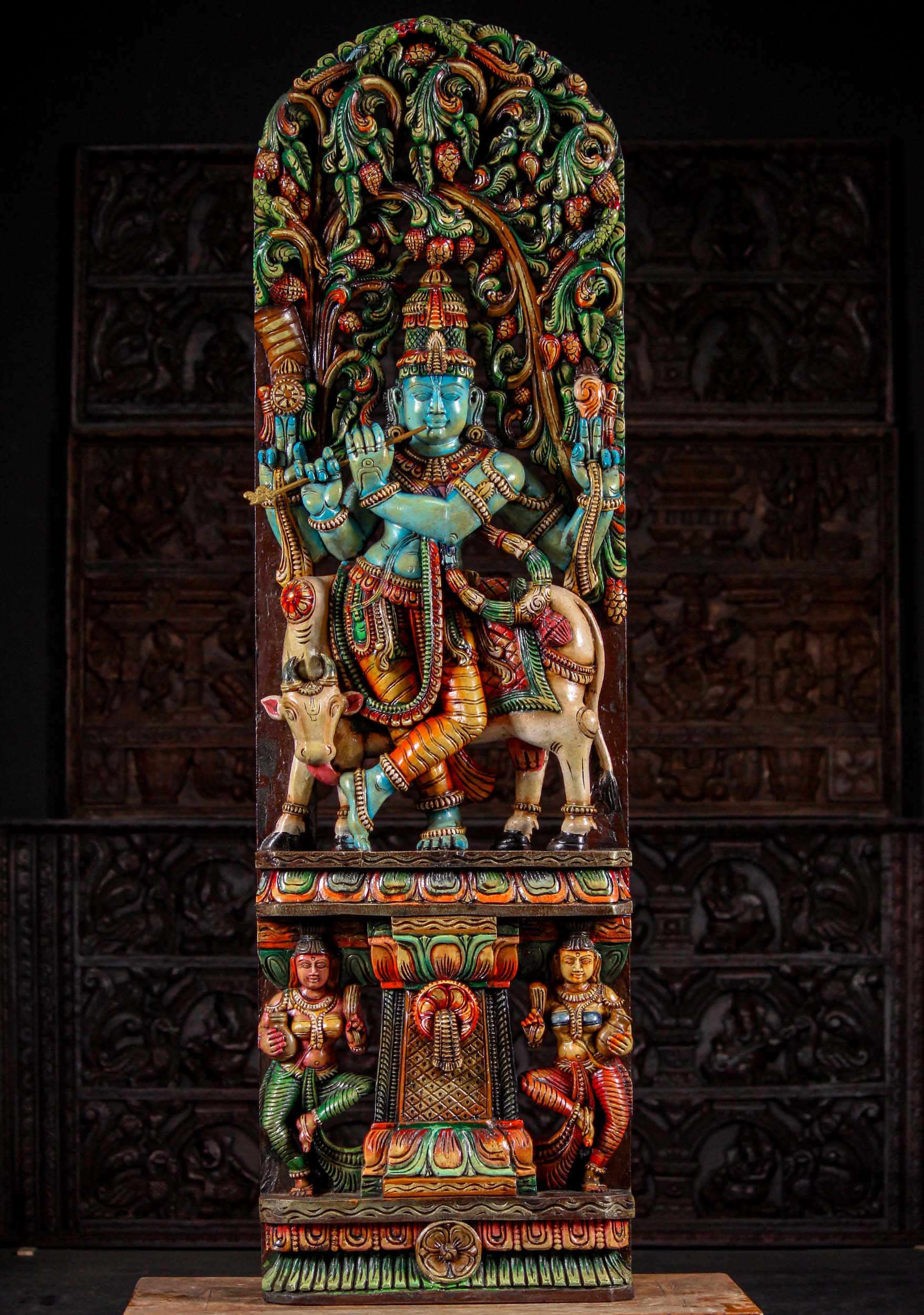 Colorful Wooden Panel Krishna Statue Playing the Flute Under Lush Canopy with Cow 60"