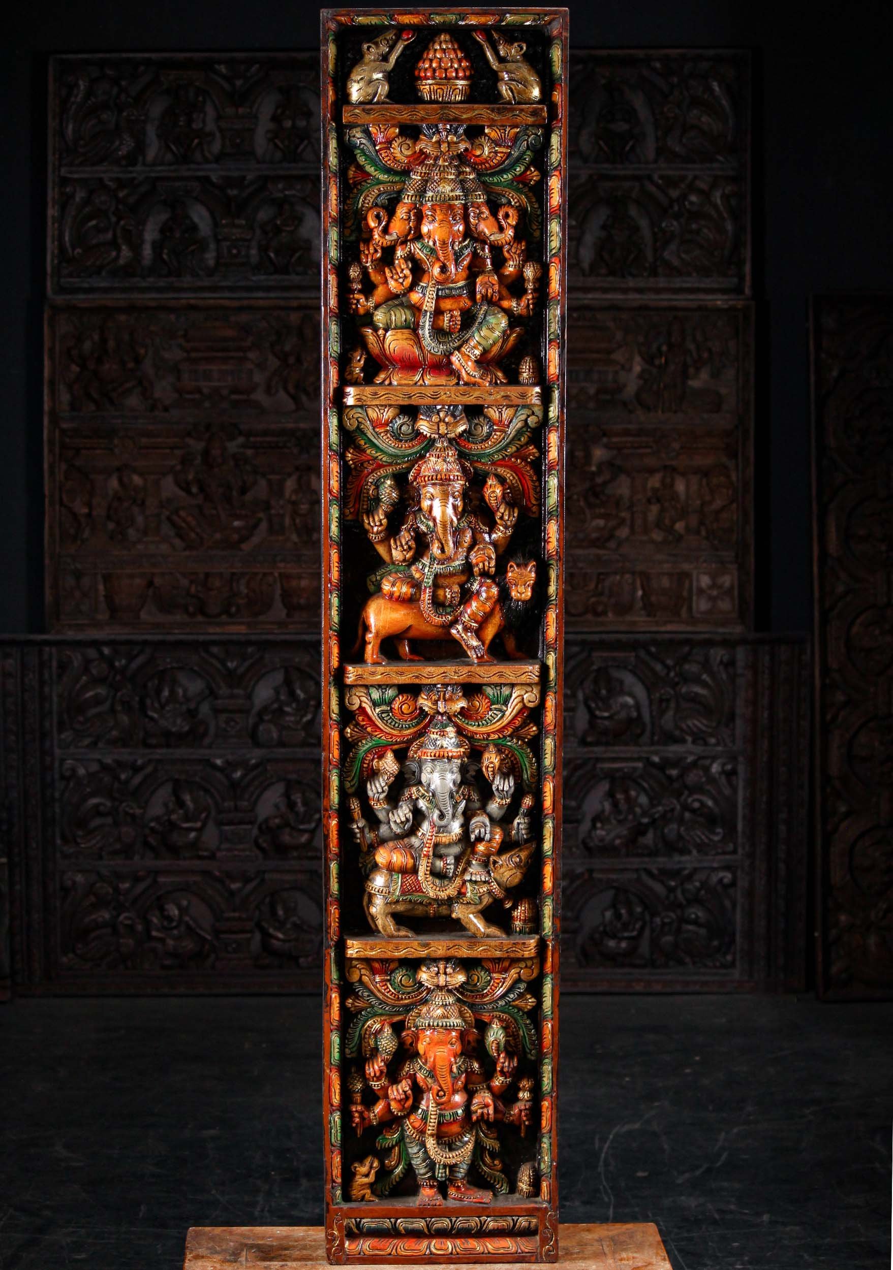 Tall Painted Vertical Wooden Hindu Panel of Four Forms of Lord Ganesha 73"