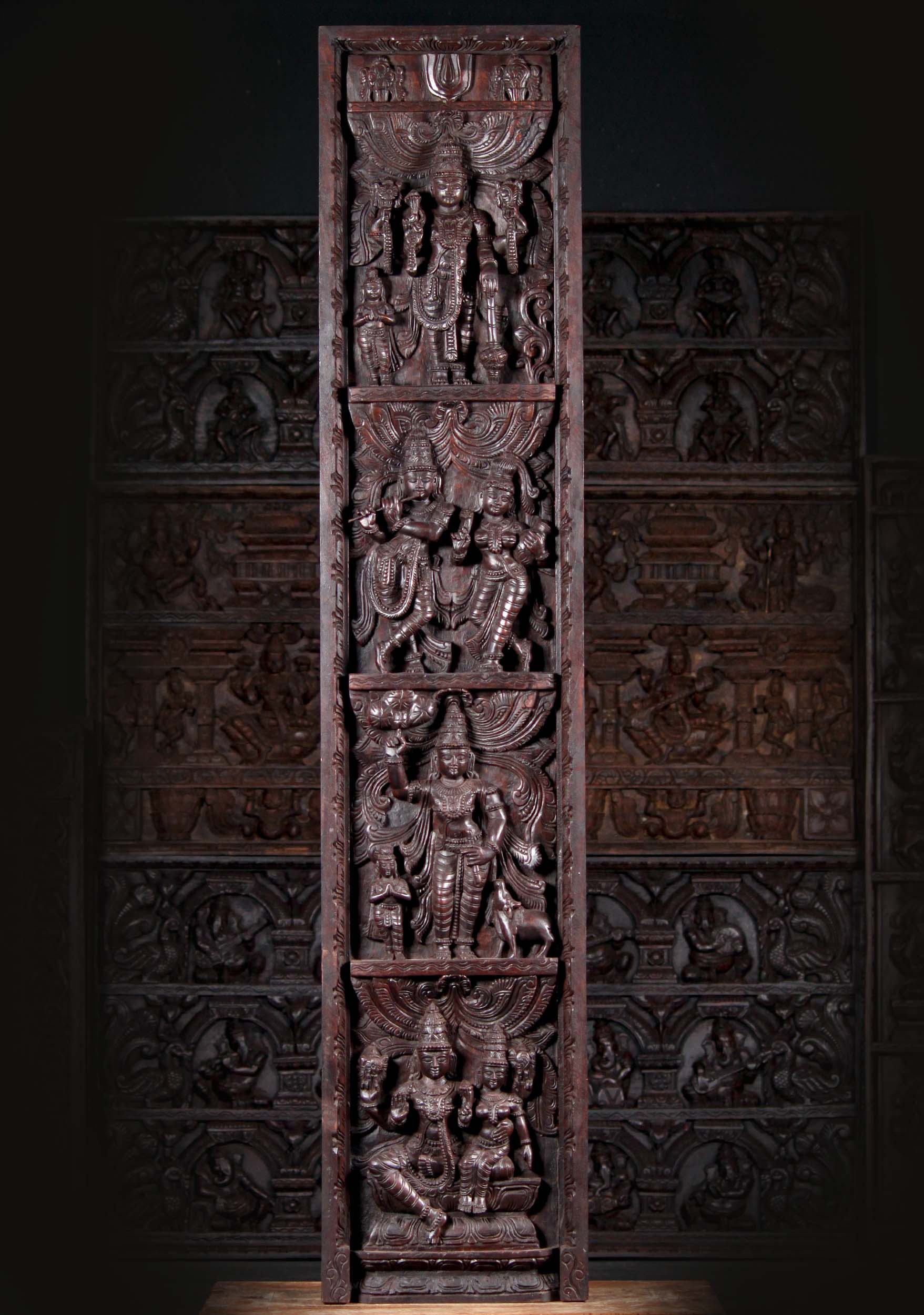 Tall Vertical Wooden Hindu Wall Panel of Lord Vishnu & Avatar Lord Krishna 72"