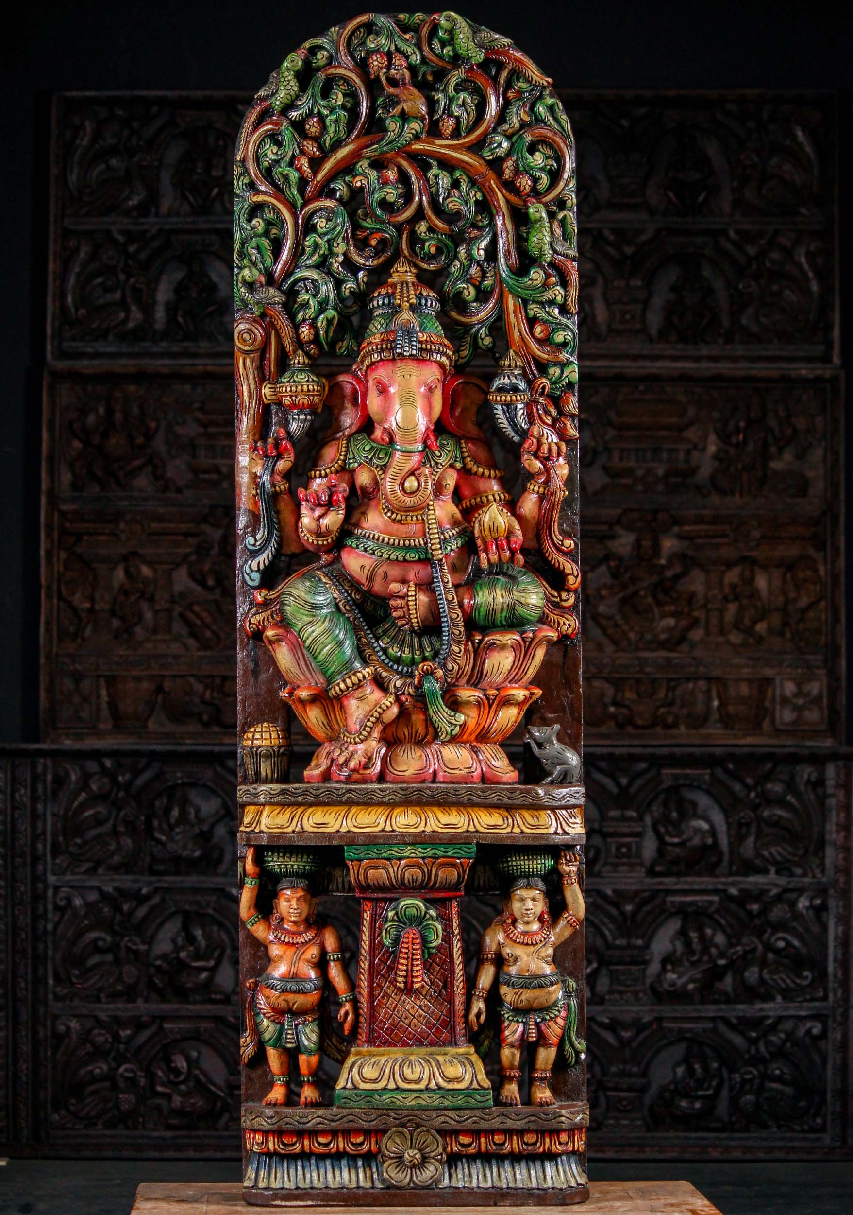 Wood Carving of Hindu God Ganesh Holding Broken Tusk Seated Above 2 Gana 60"