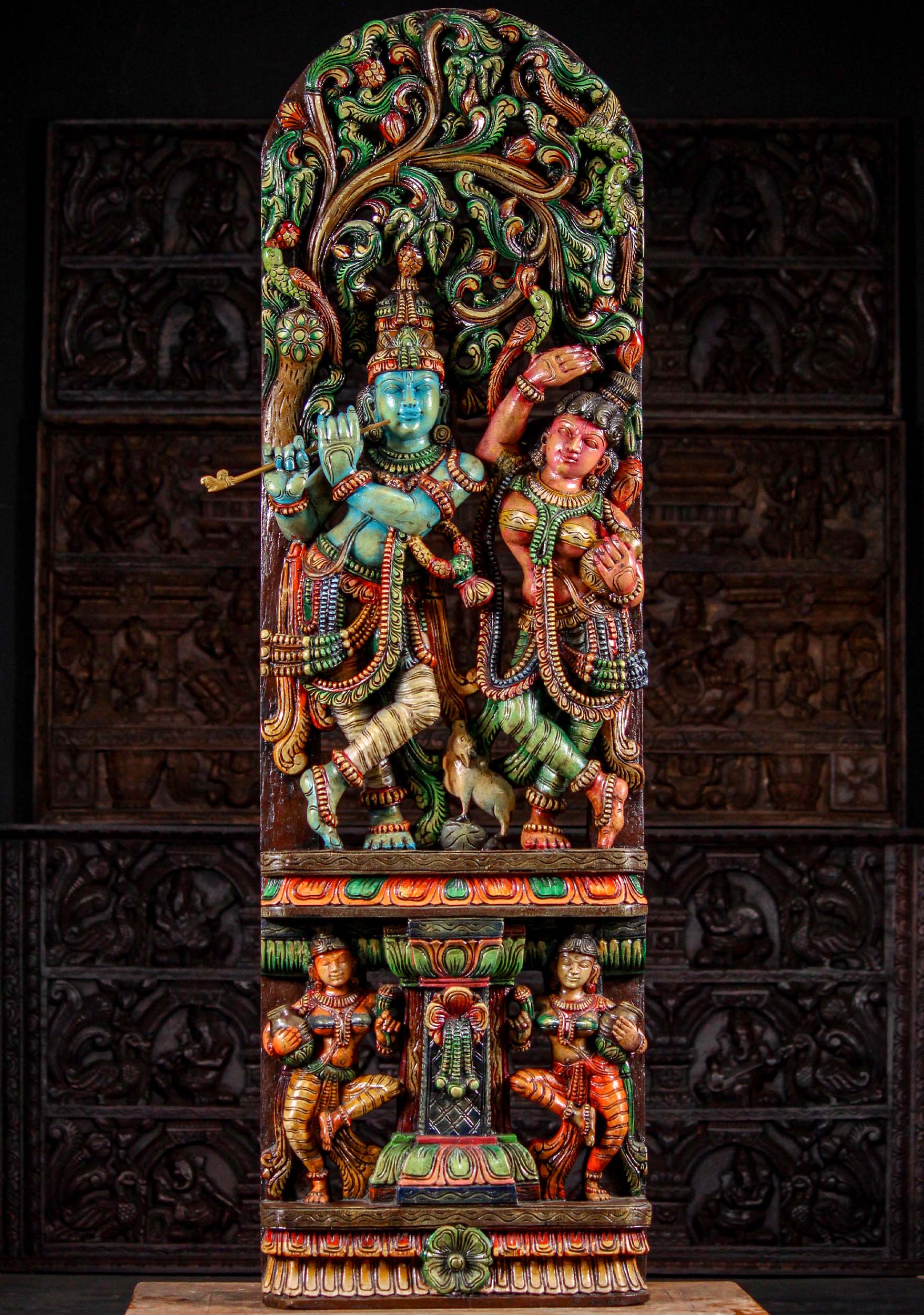 Tall Wooden Lord Krishna with Radha Under Lush Canopy Hand Carved Panel 60"