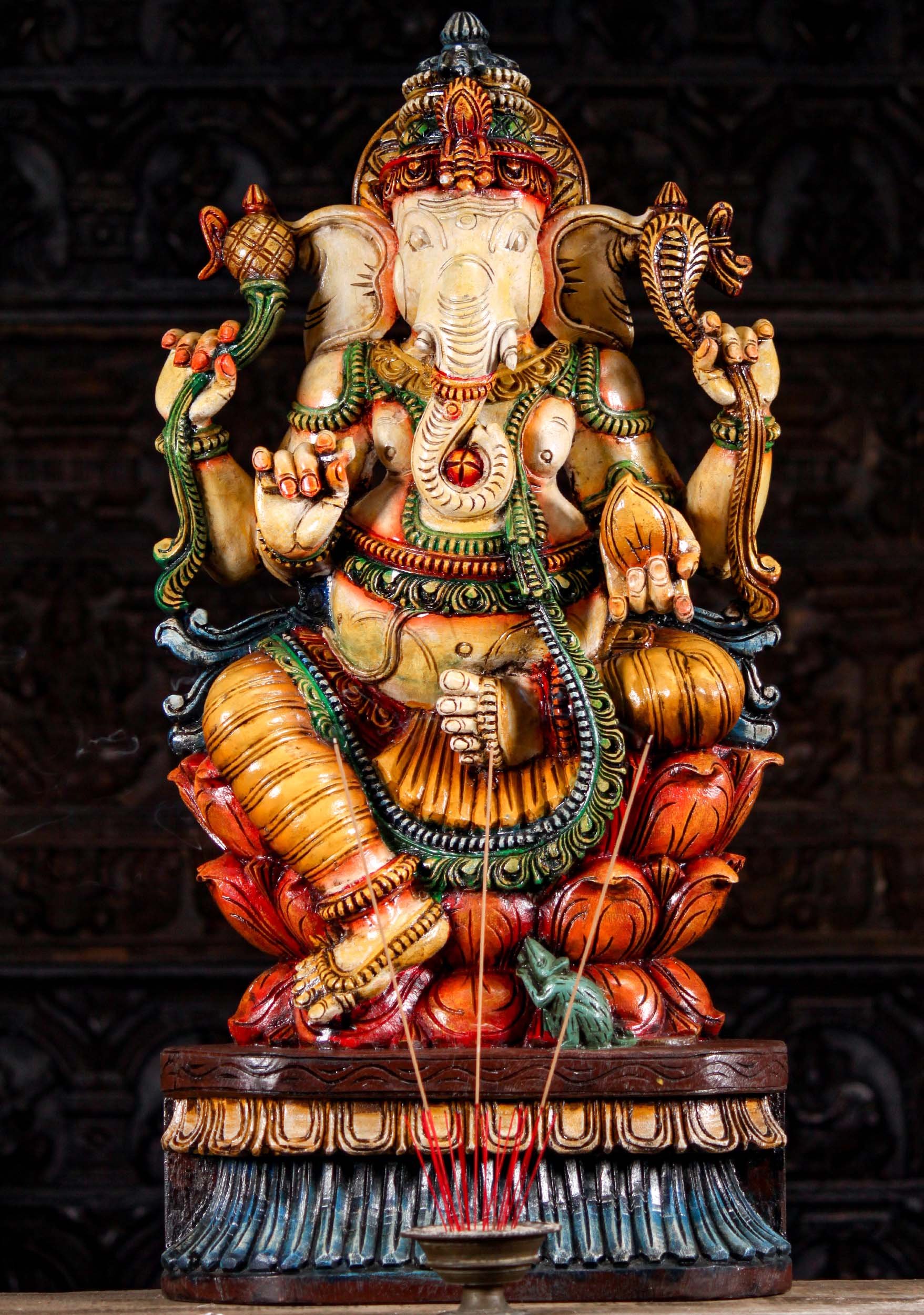 Vibrant Painted Hindu God Ganesha Seated on Triple Lotus Base with Mooshika Sculpture 36"