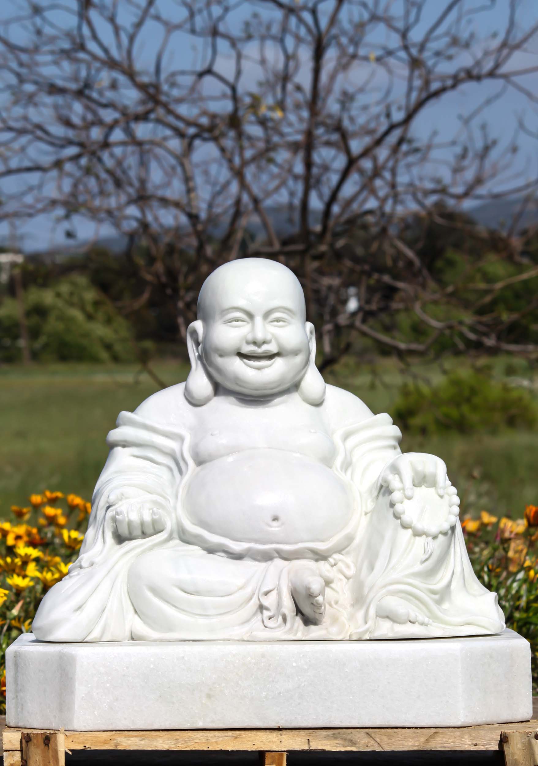 Hand Carved White Marble Fat & Happy Hotei Buddha of Wealth Garden Statue 23"