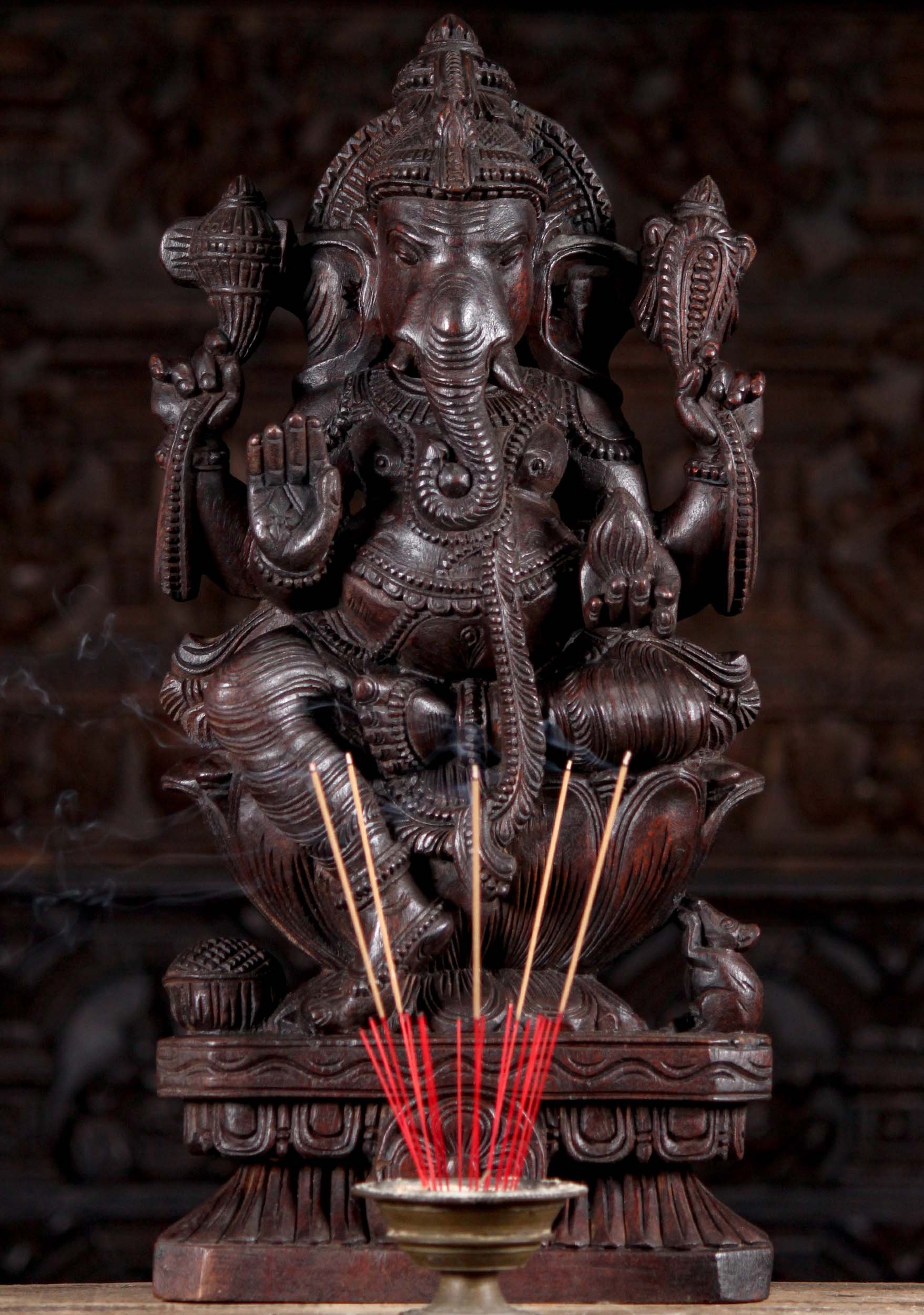 Wood Seated Ganesha Sculpture Remover of Obstacle in Abhaya Mudra of Protection 24"