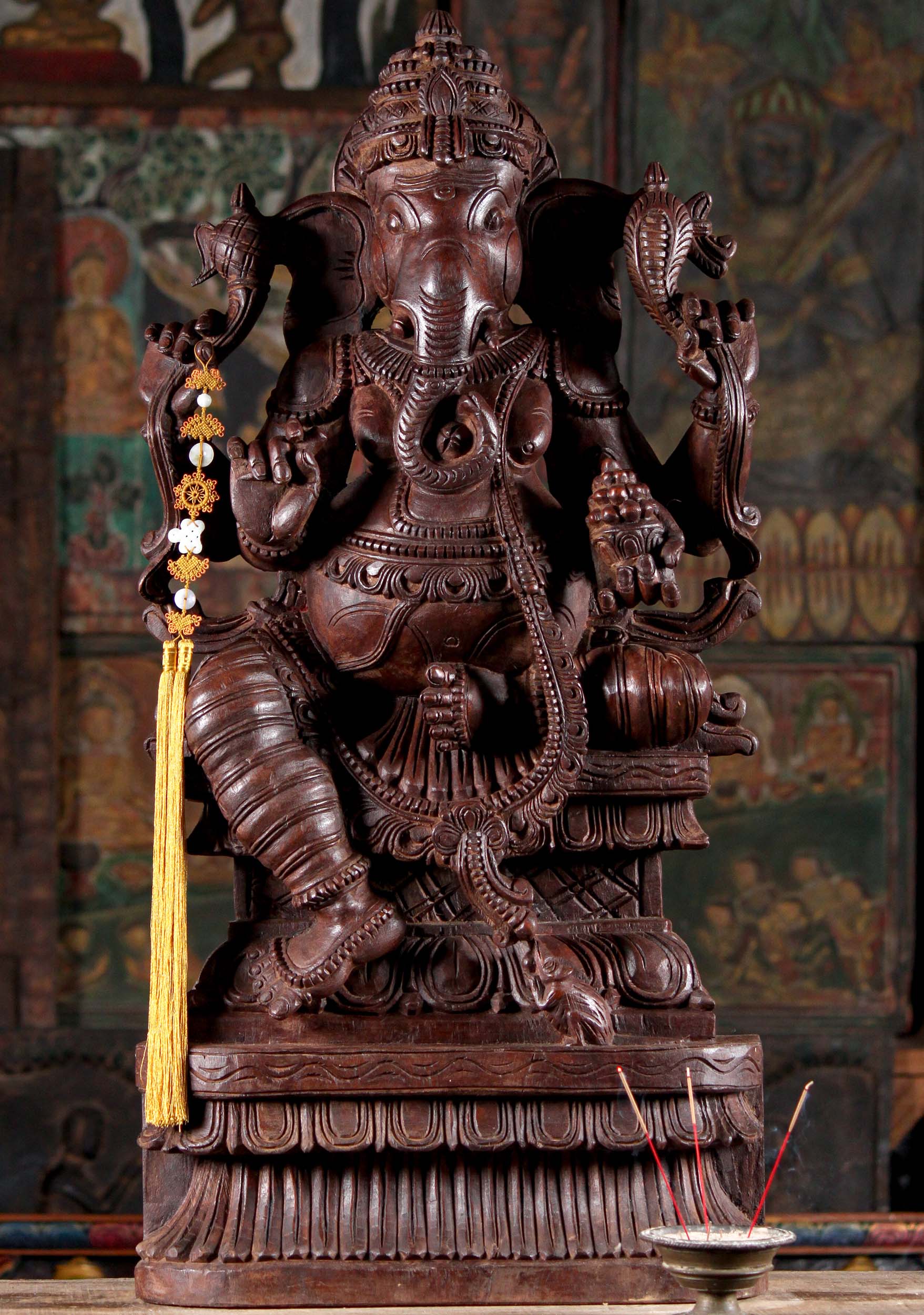 Wooden Seated Hindu God Ganesha on Lotus Base with Small Mooshika Sculpture 36"