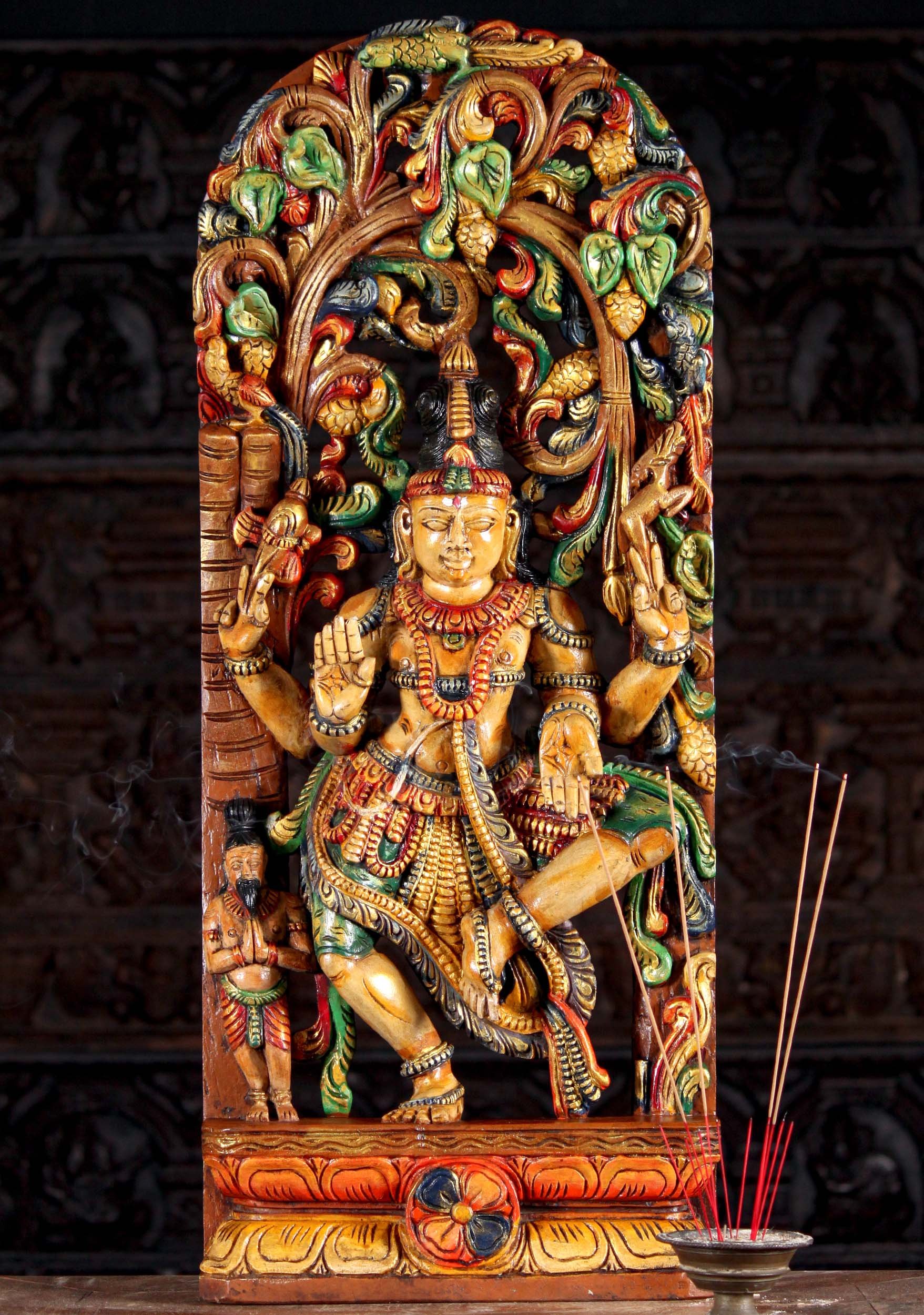 Wooden Sculpture of Lord Shiva Dancing Under Lush Canopy in Abhaya and Varada Mudra 36"