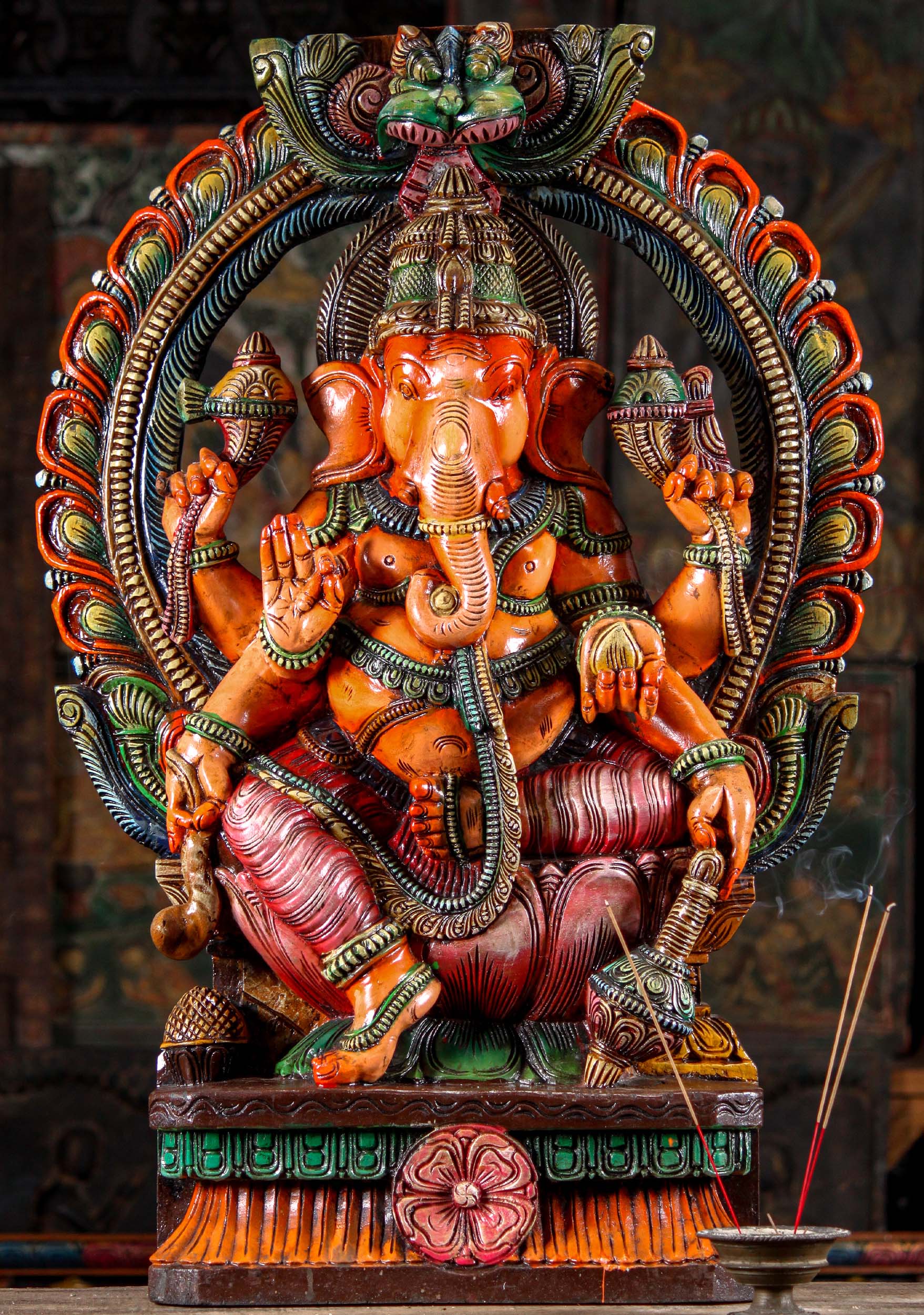 Wooden Ganesh with Six Arms Remover of Obstacles Sculpture Under Mahakala Arch 36"