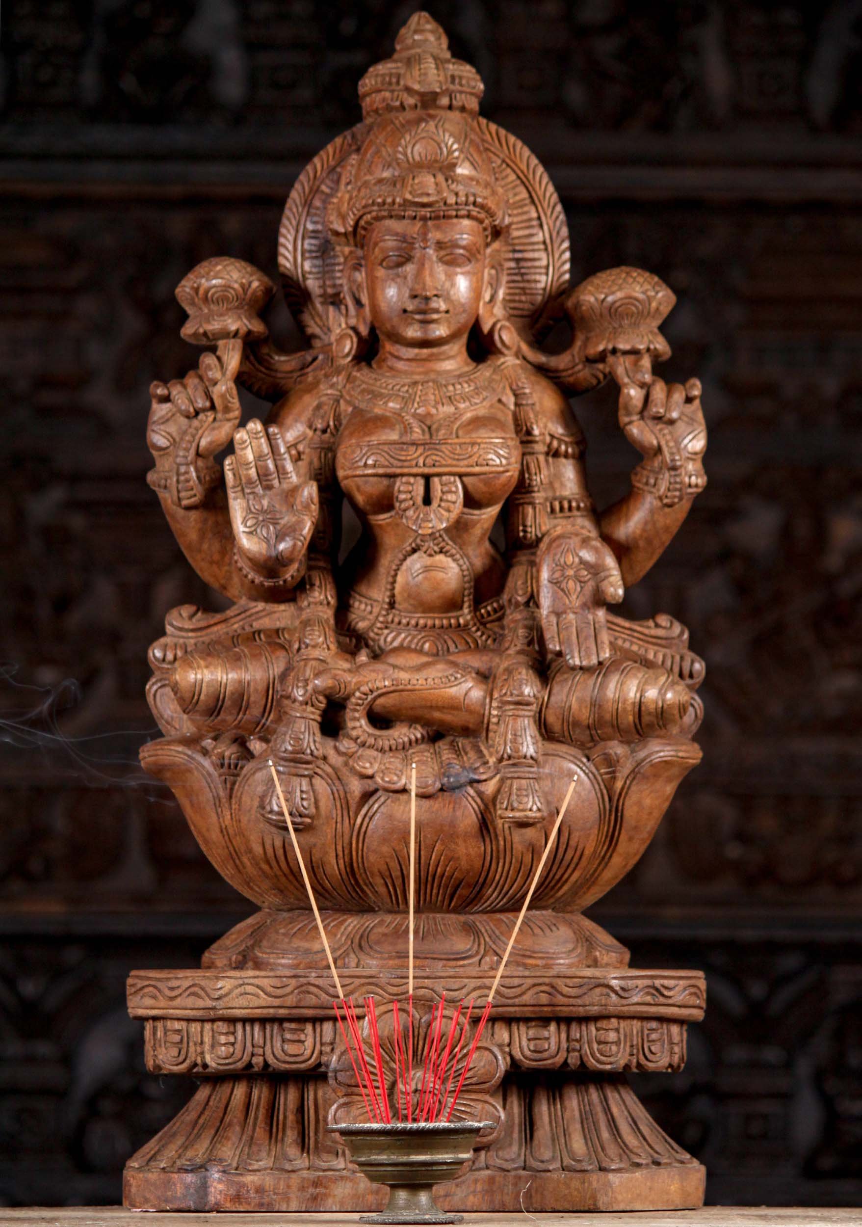 Wood Hand Carved Abhaya Mudra Padmasana Seated Lakshmi Sculpture 30"