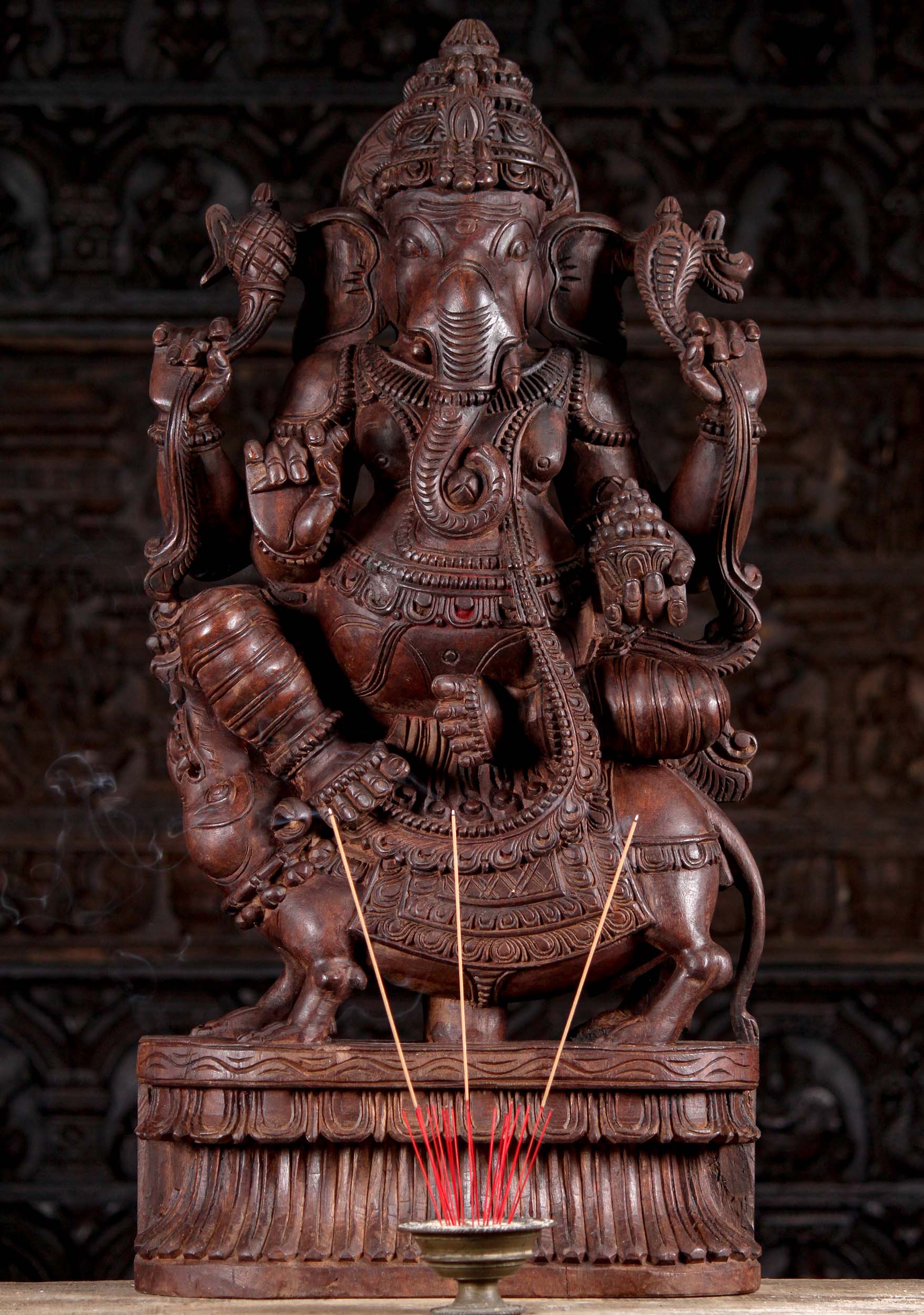 Wooden Seated Hand Carved Hindu God Ganesh Remover of Obstacles Perfect for Home Altar 36"