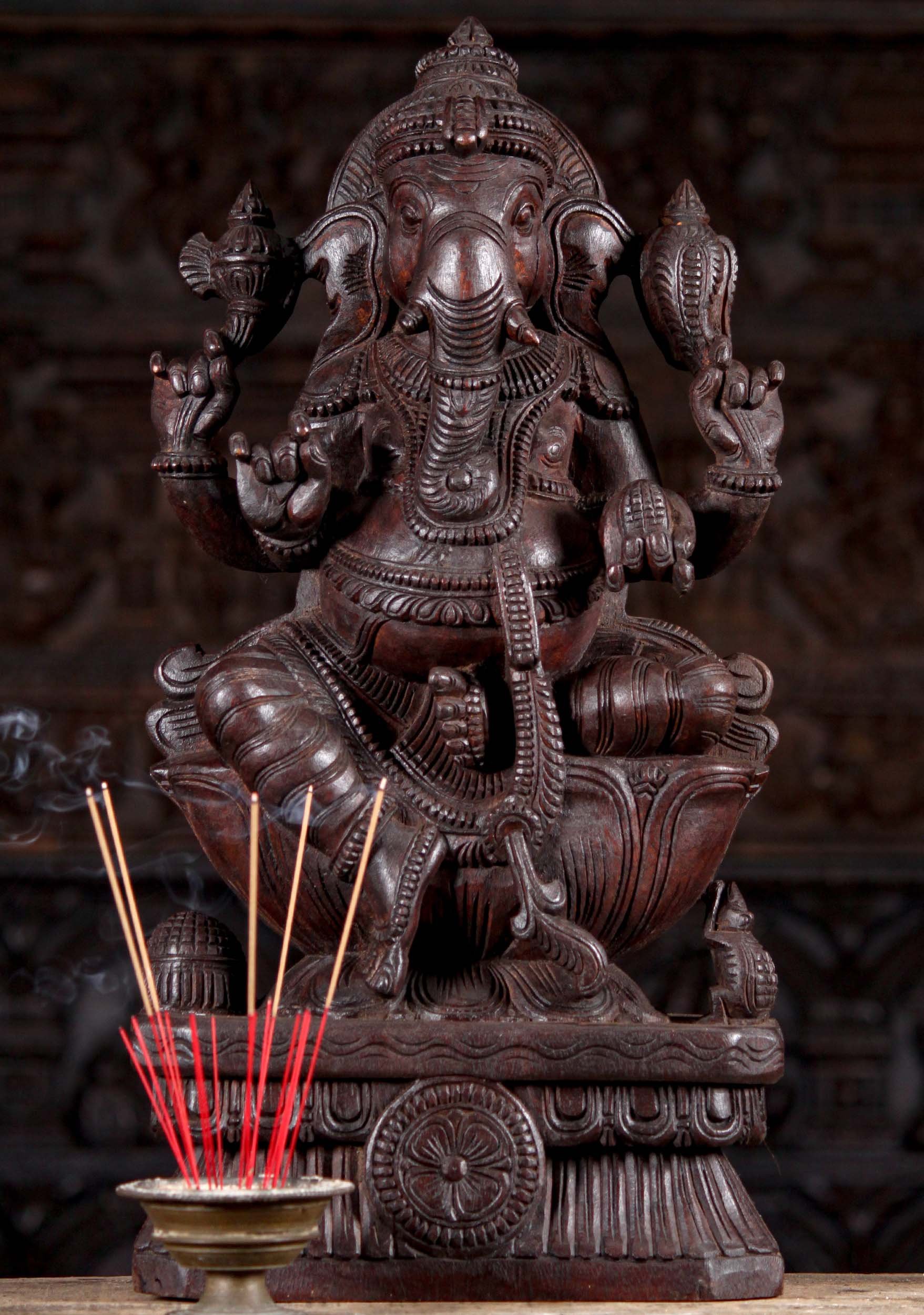 Neem Wood Seated Hand Carved Ganesha Sculpture with Rat Holding Broken Tusk 24"