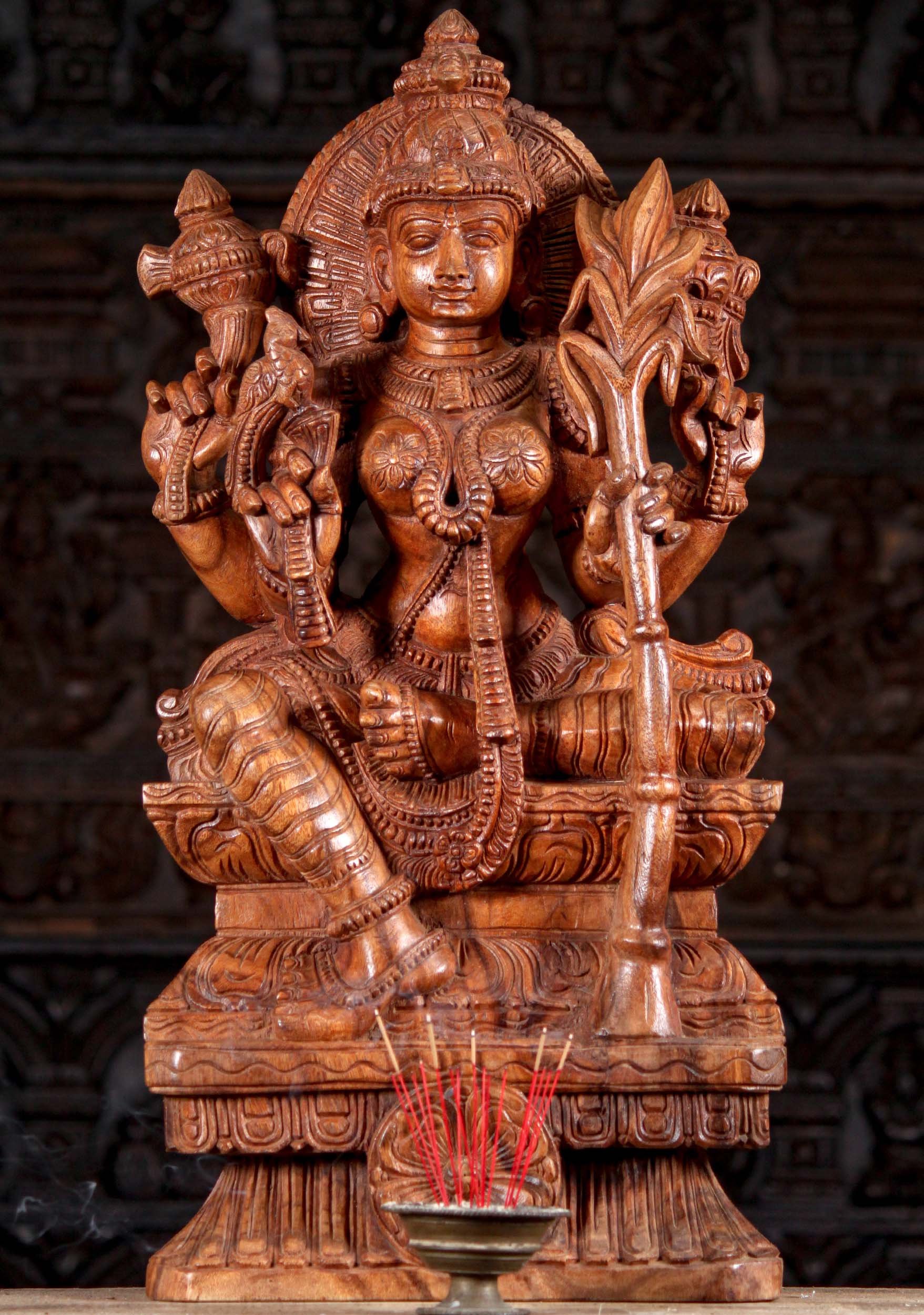 Wood Seated Rajarajeshwari, Tripura Sundari Statue Holding Sugar Cane & Lotus 30"