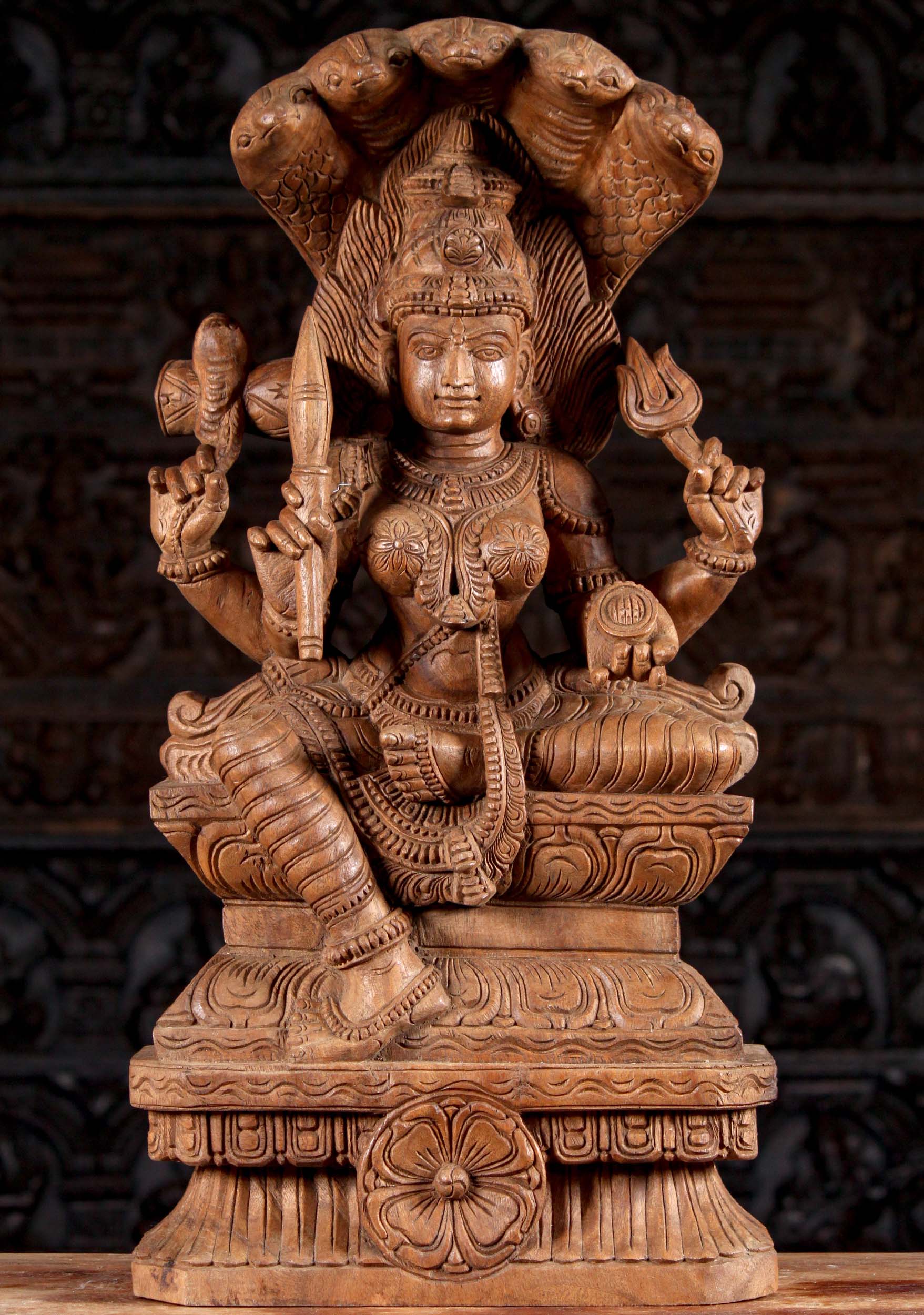 Wooden Shakti Mariamman Sculpture Holding Knife, Trident, and Cobra Carving 30"