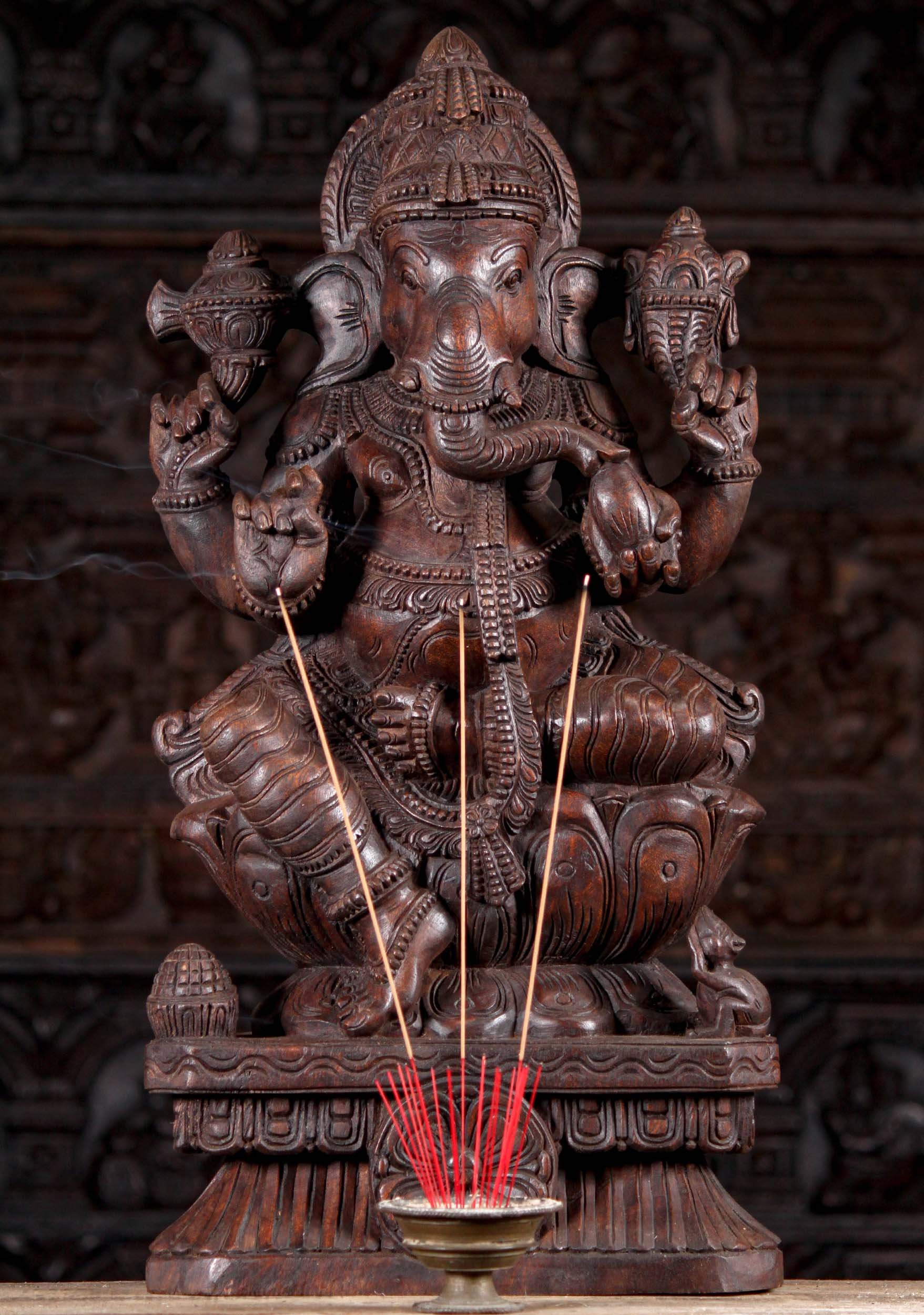 Wood Ganesh Statue Seated on Lotus Base Holding Goad, Noose, Laddus and His Broken Tusk 30"