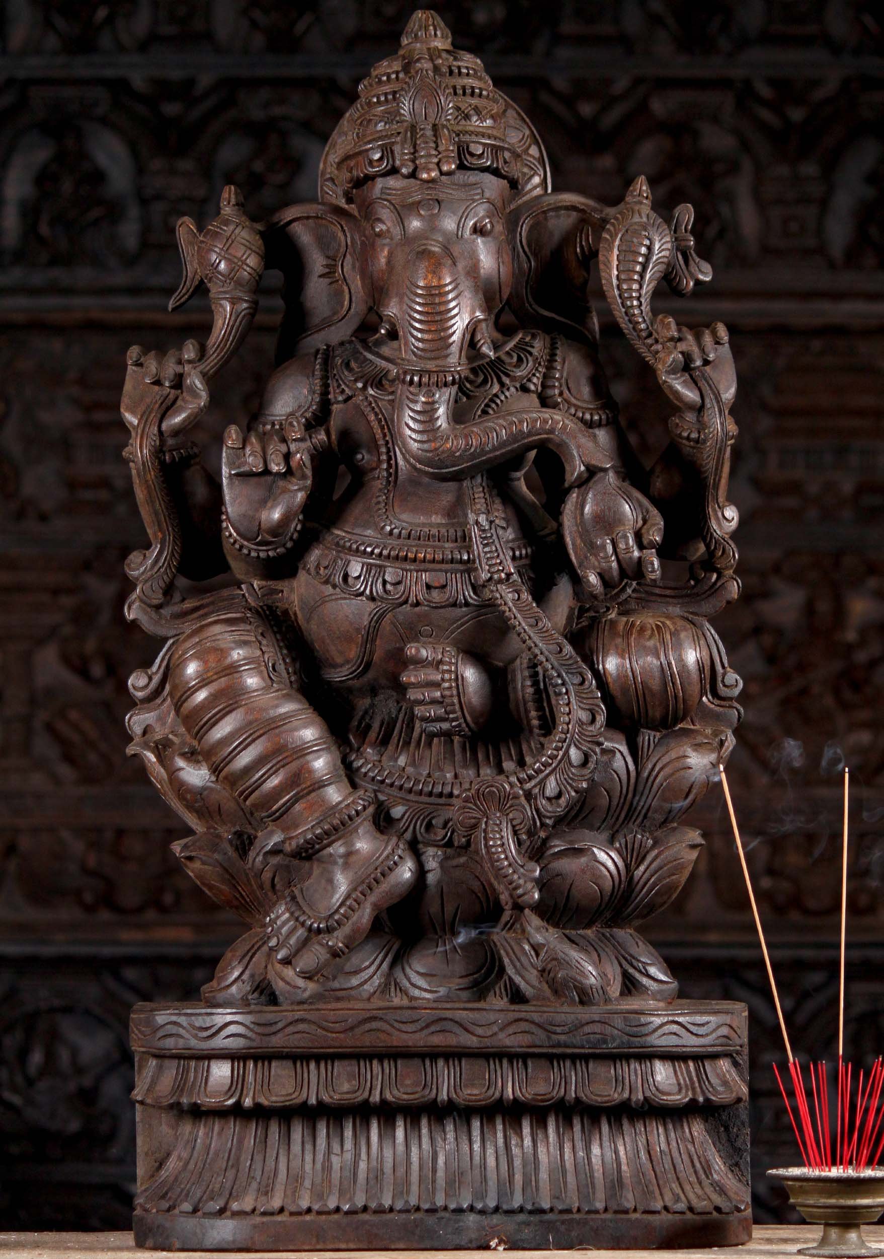 Wood Seated Hand Carved Hindu God Ganesh Remover of Obstacles Perfect for Home Altar 36"