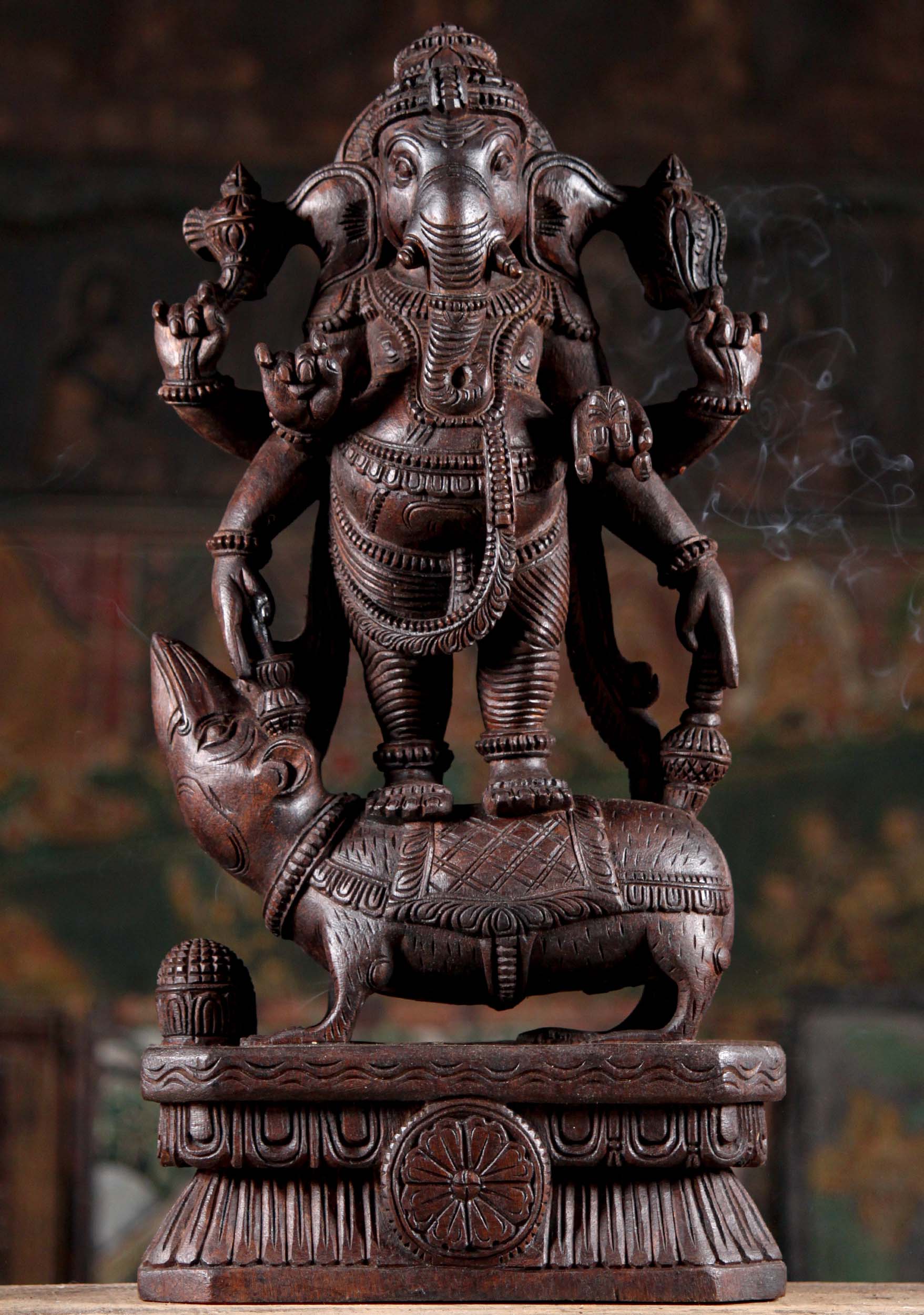 Neem Wood Hand Carved Ganesha Sculpture Standing on Large Rat Holding Tusk 24"