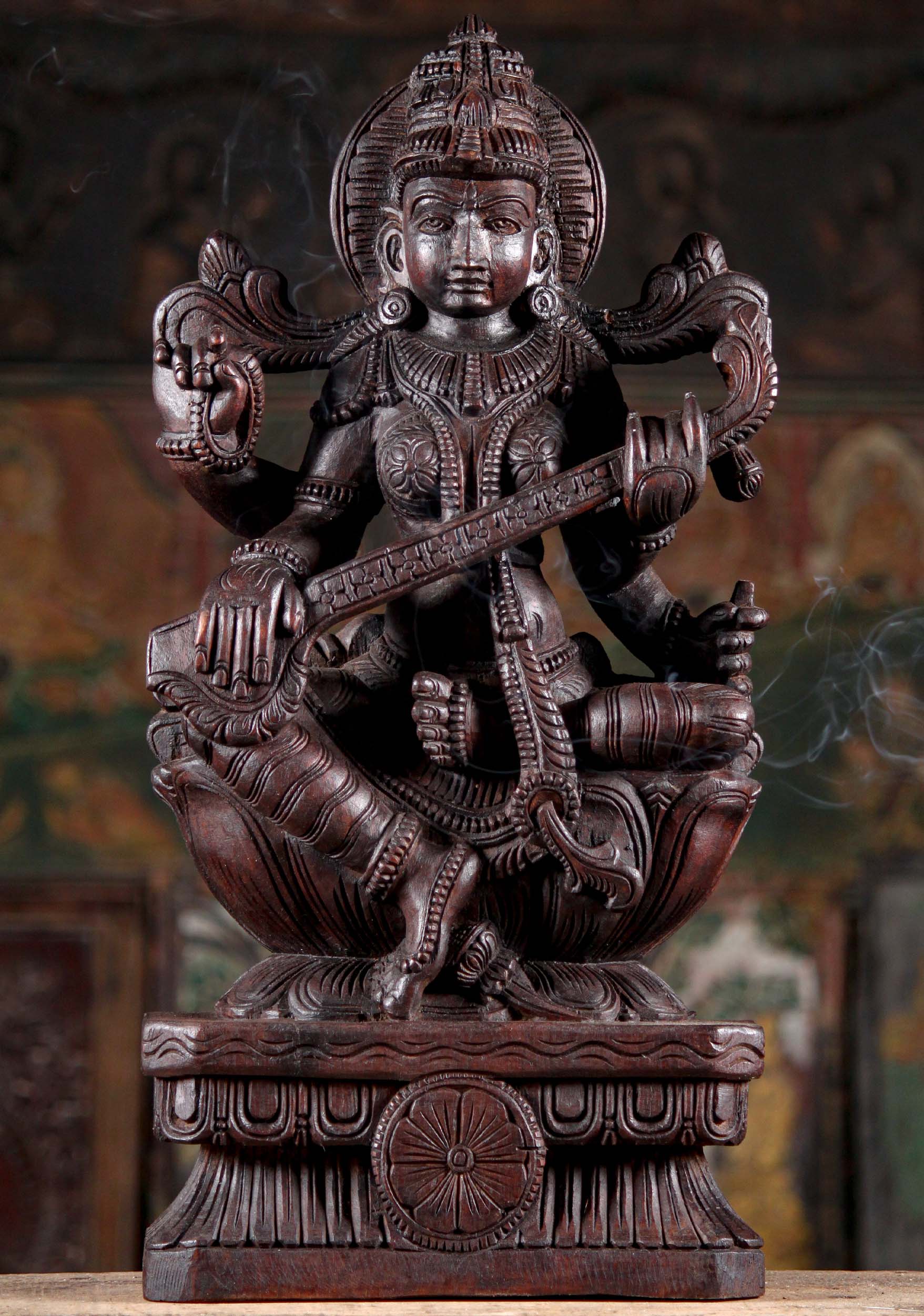 Neem Wood Hand Carved Hindu Goddess of Wisdom Saraswati with Veena Instrument 24"