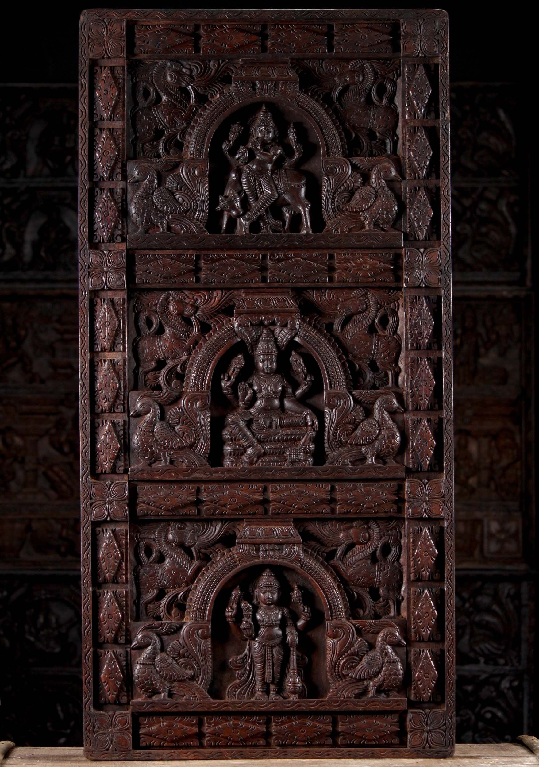 Vertical Wooden Wall Panel Depicting 3 Forms of Lord Vishnu Flanked by Peacocks 46"x23"